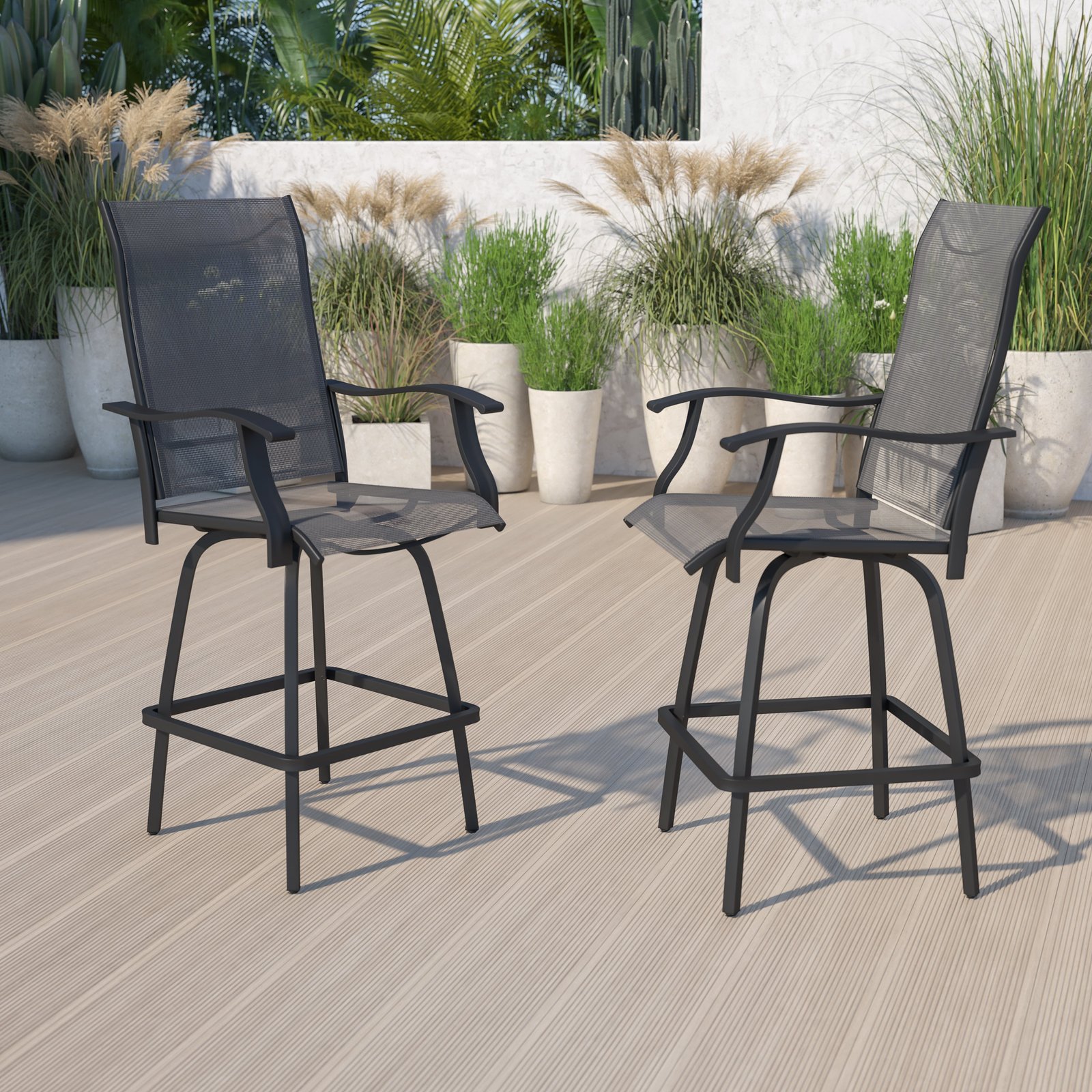 Patio Bar Height Stools Set of 2, All-Weather Textilene Swivel Stools