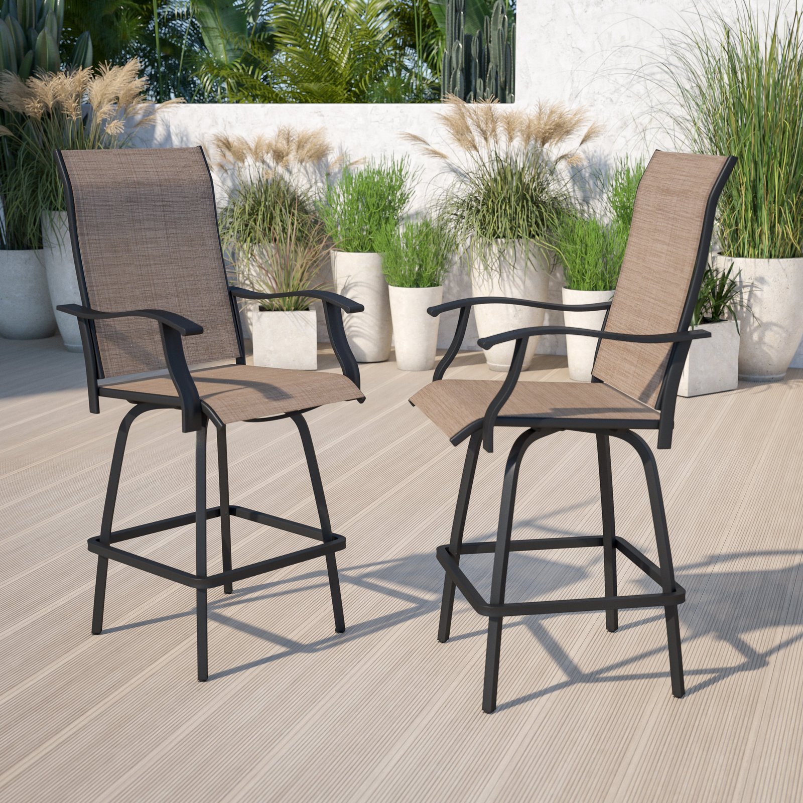Patio Bar Height Stools Set of 2, All-Weather Textilene Swivel Stools