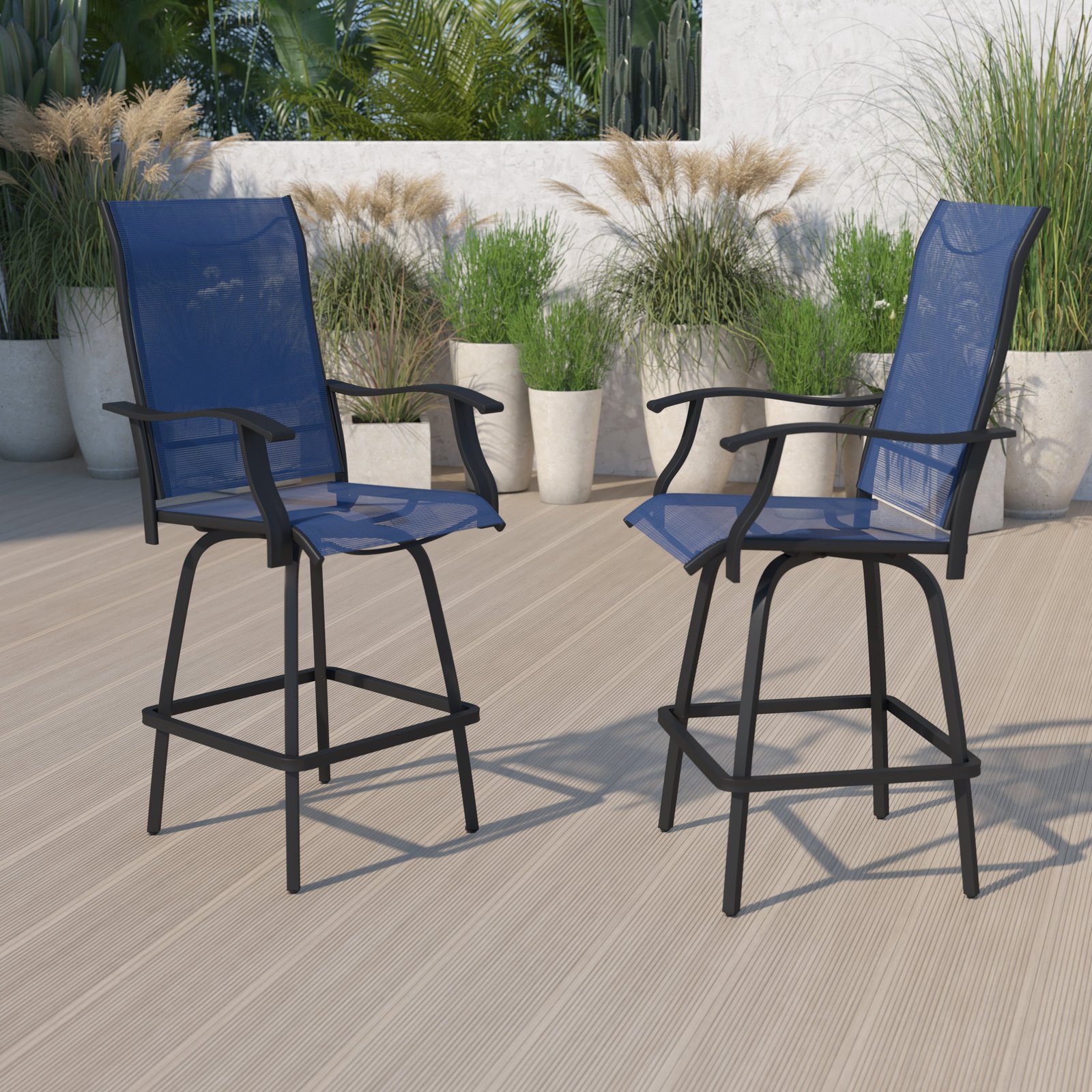 Patio Bar Height Stools Set of 2, All-Weather Textilene Swivel Stools
