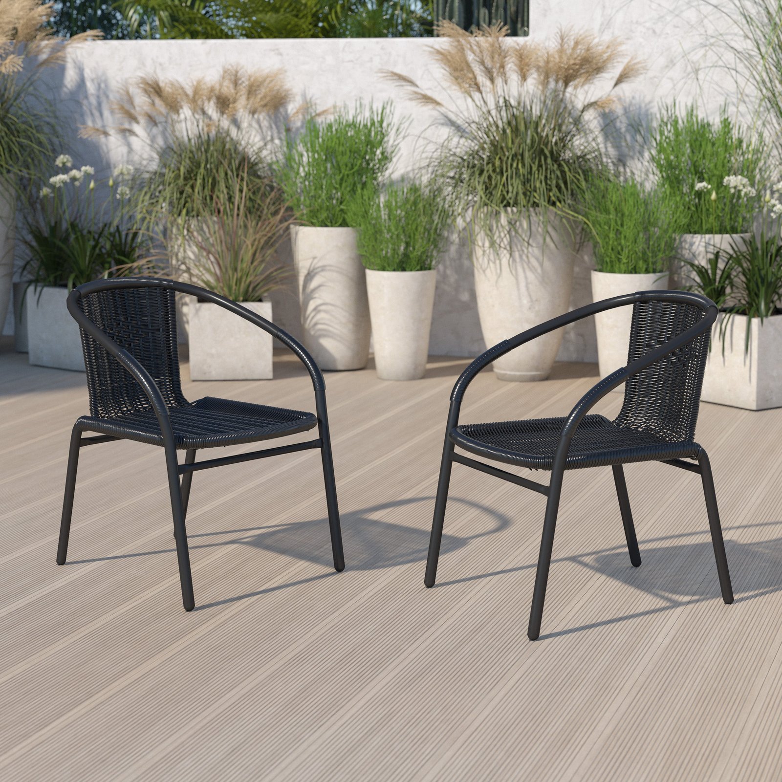 2 Pack Rattan Indoor-Outdoor Restaurant Stack Chair with Curved Back