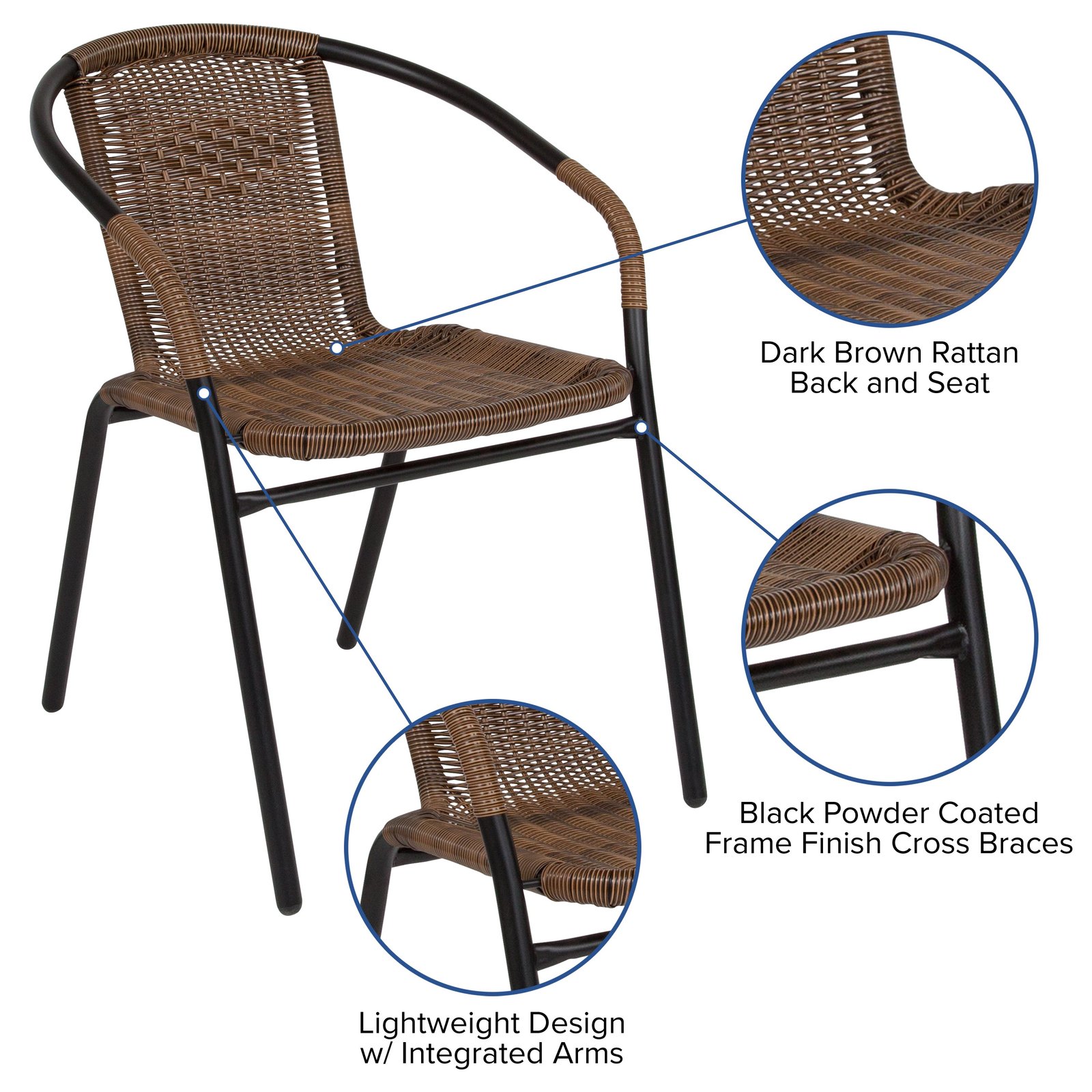 2 Pack Rattan Indoor-Outdoor Restaurant Stack Chair with Curved Back