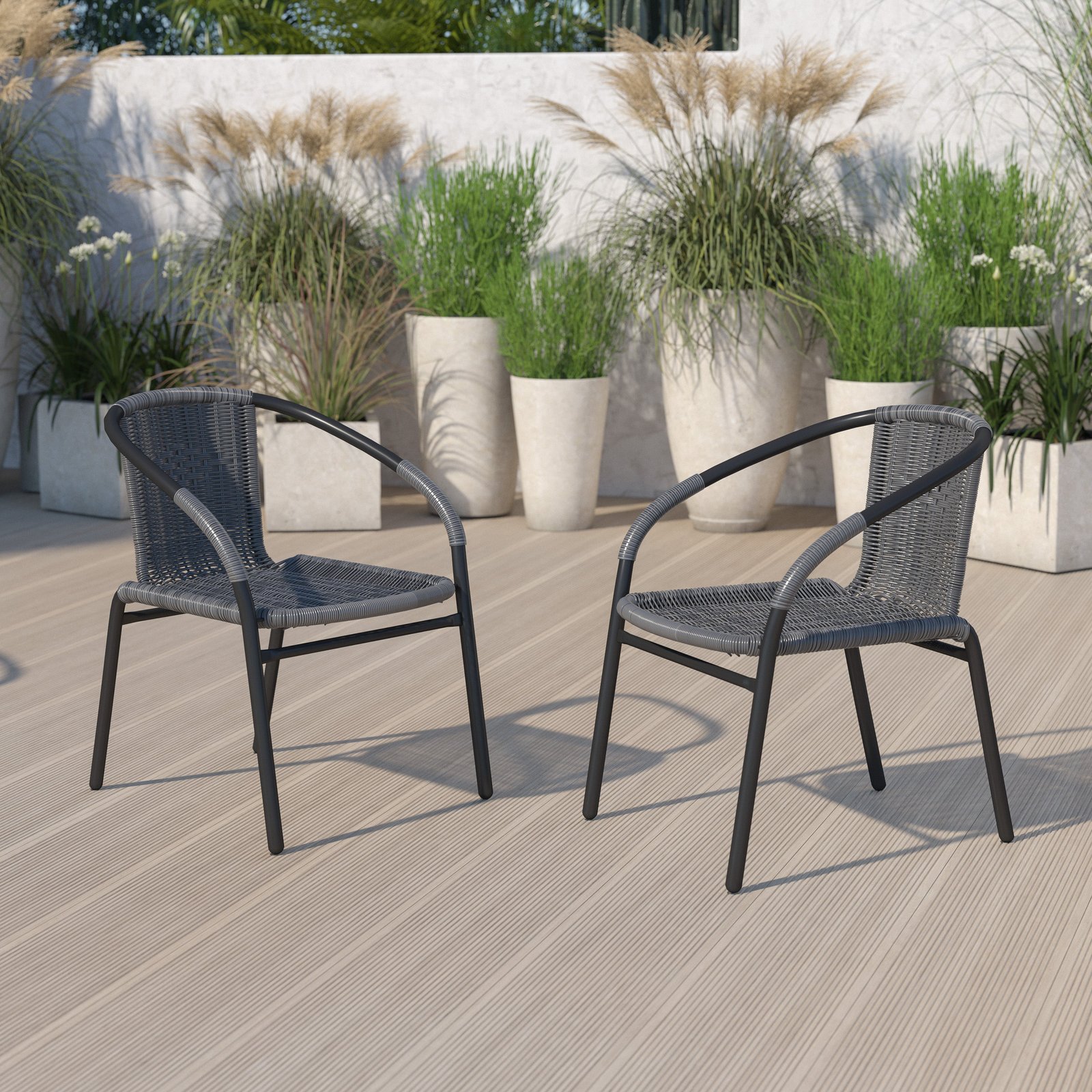 2 Pack Rattan Indoor-Outdoor Restaurant Stack Chair with Curved Back