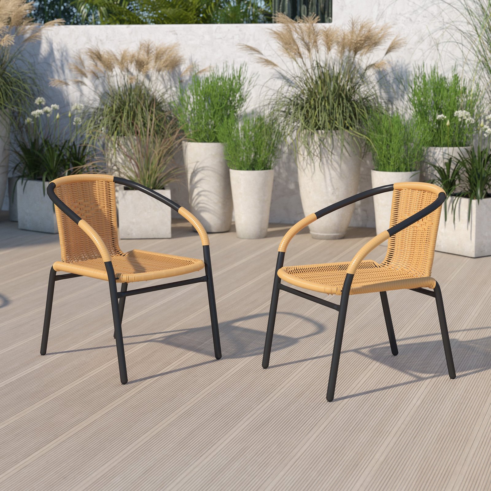 2 Pack Rattan Indoor-Outdoor Restaurant Stack Chair with Curved Back