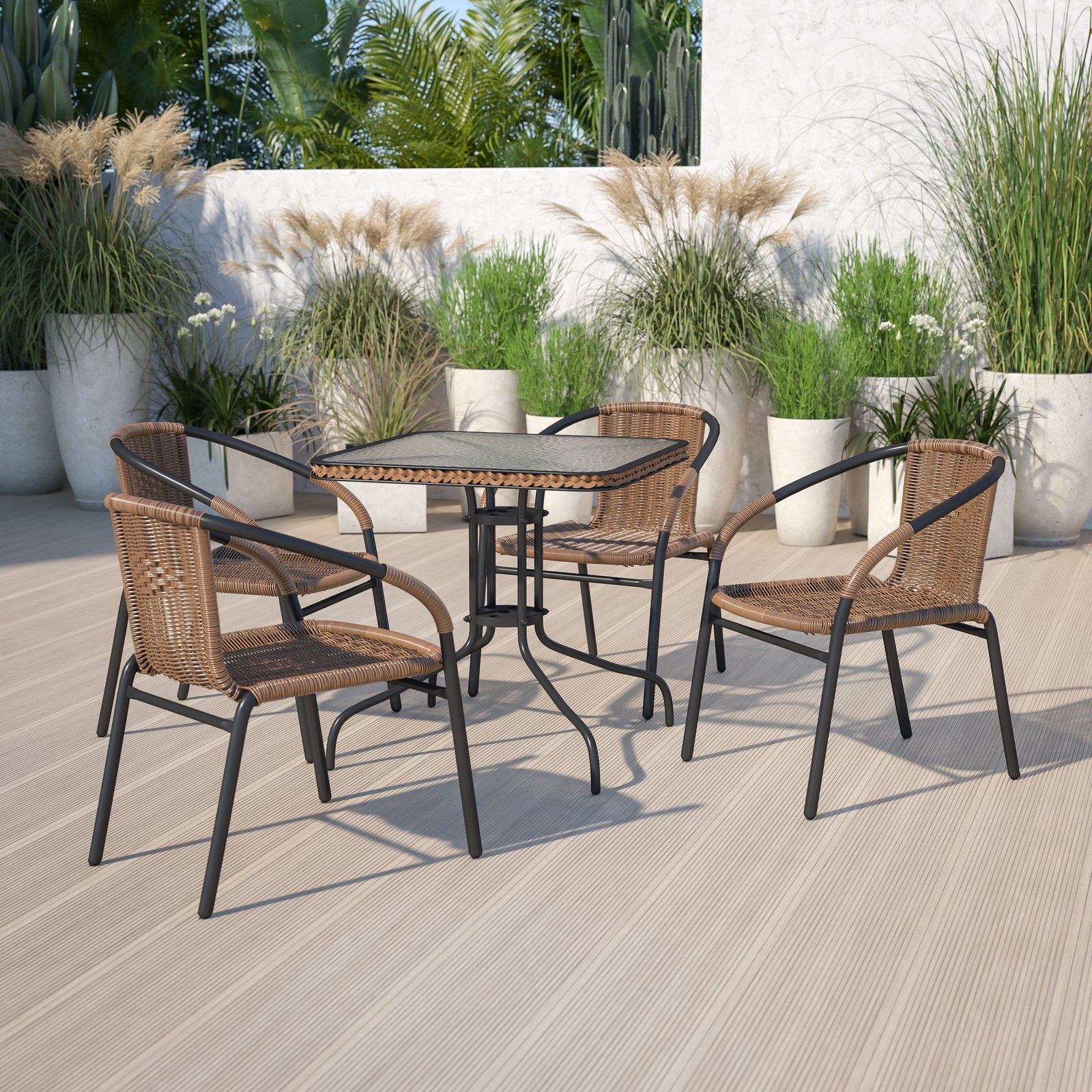 4 Pack Rattan Indoor-Outdoor Restaurant Stack Chair with Curved Back