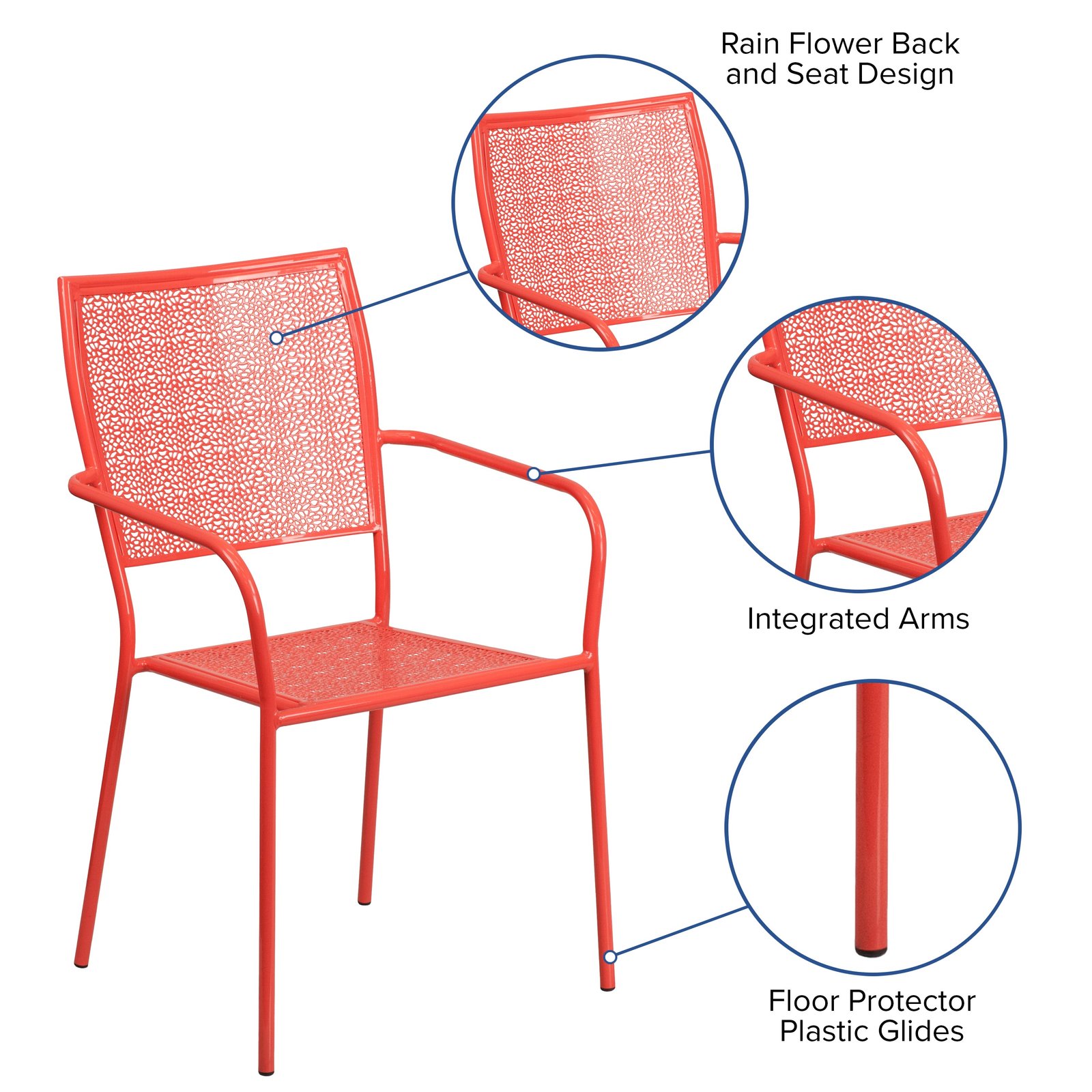Commercial Grade Colorful Metal Patio Arm Chair with Square Back