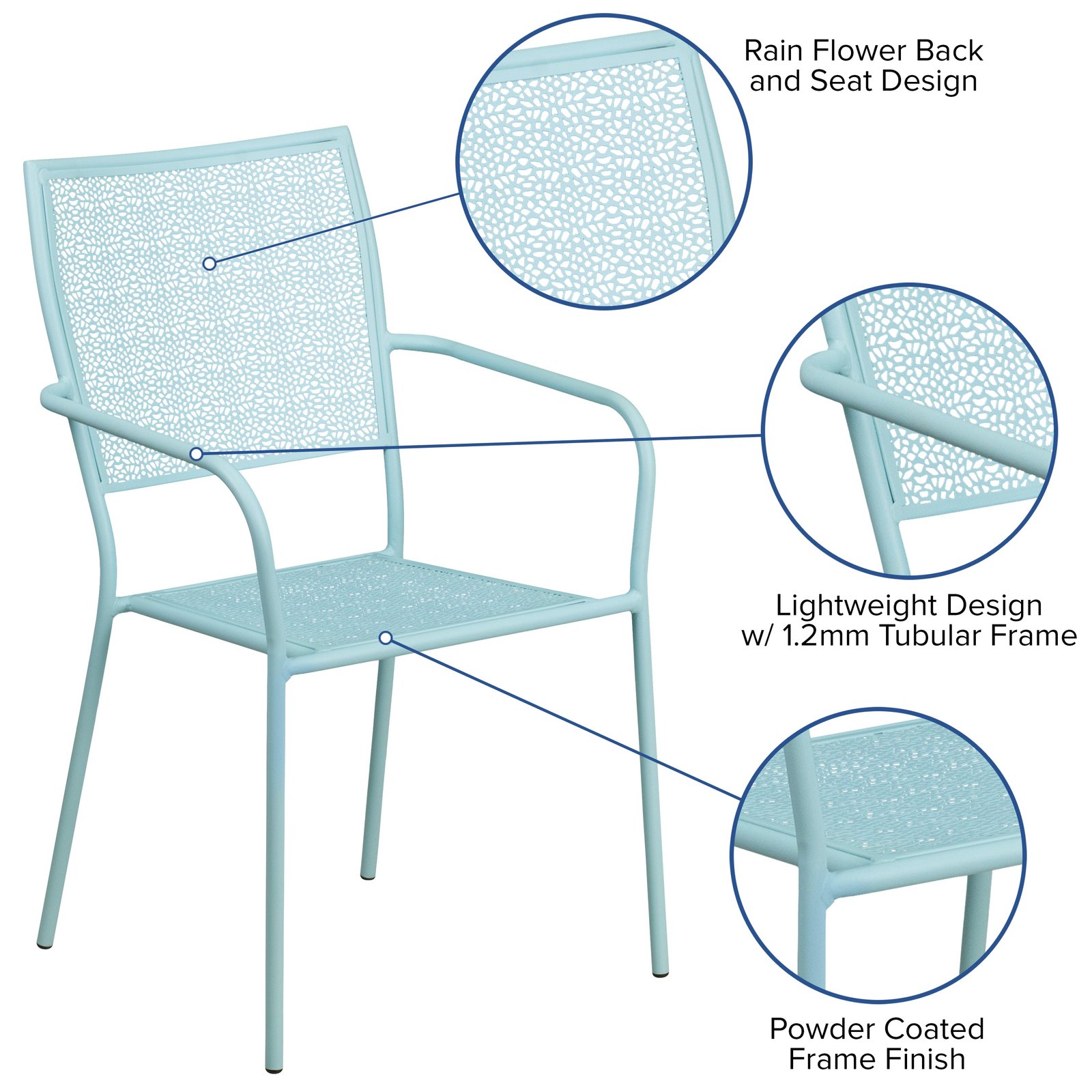 Commercial Grade Colorful Metal Patio Arm Chair with Square Back