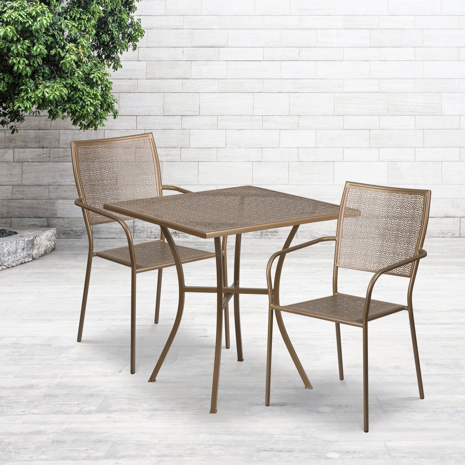 Commercial Grade 28" Square Metal Garden Patio Table Set w/ 2 Square Back Chairs