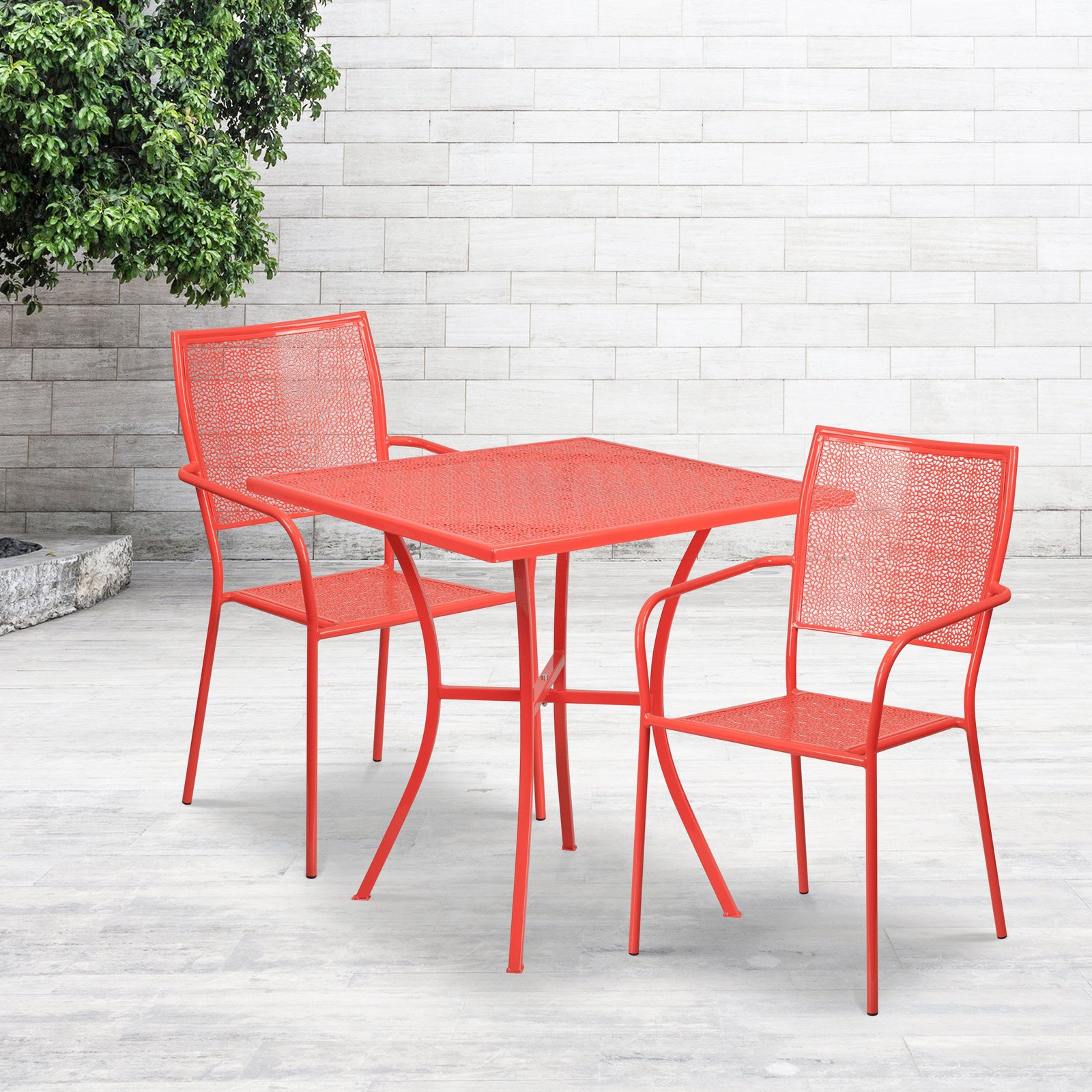 Commercial Grade 28" Square Metal Garden Patio Table Set w/ 2 Square Back Chairs