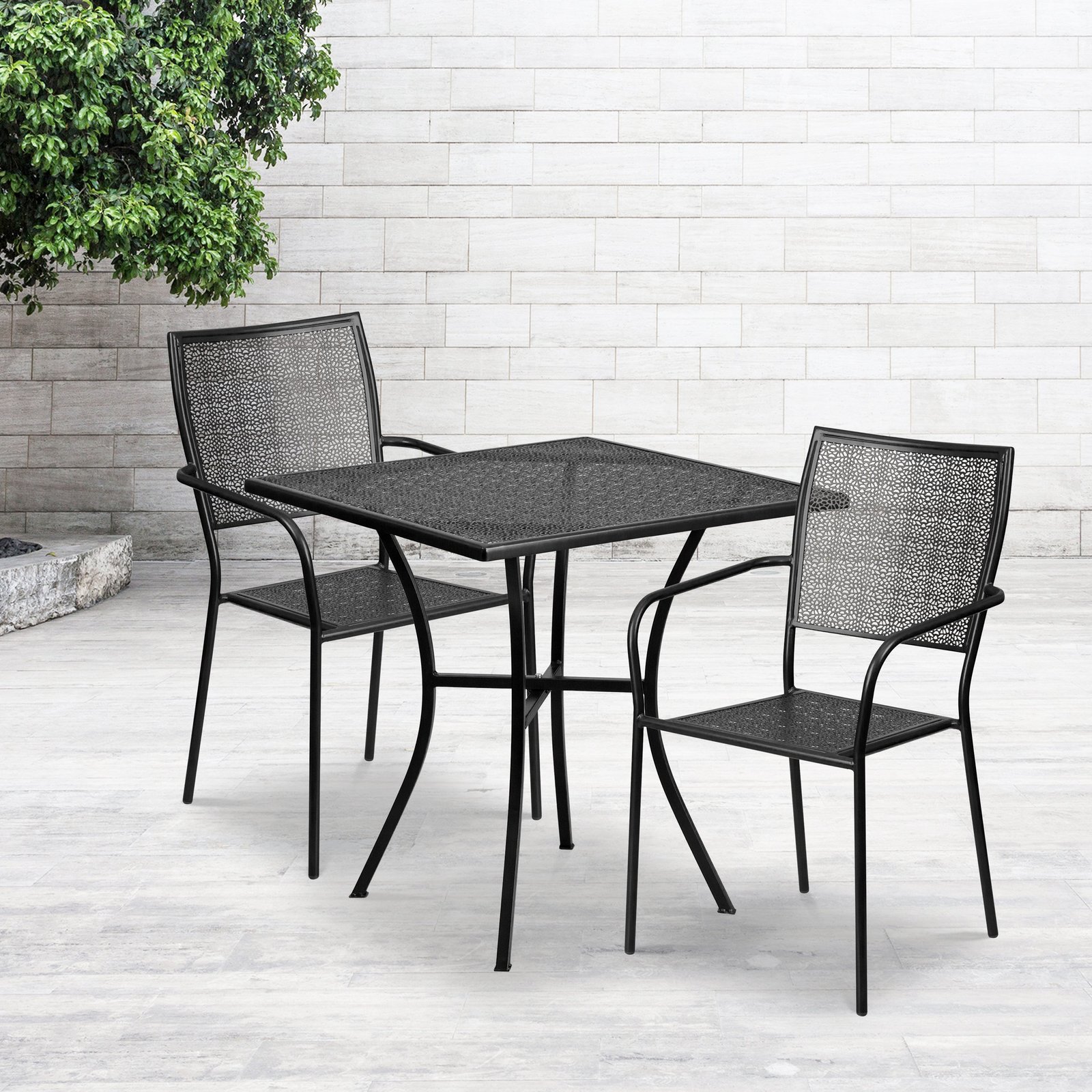 Commercial Grade 28" Square Metal Garden Patio Table Set w/ 2 Square Back Chairs