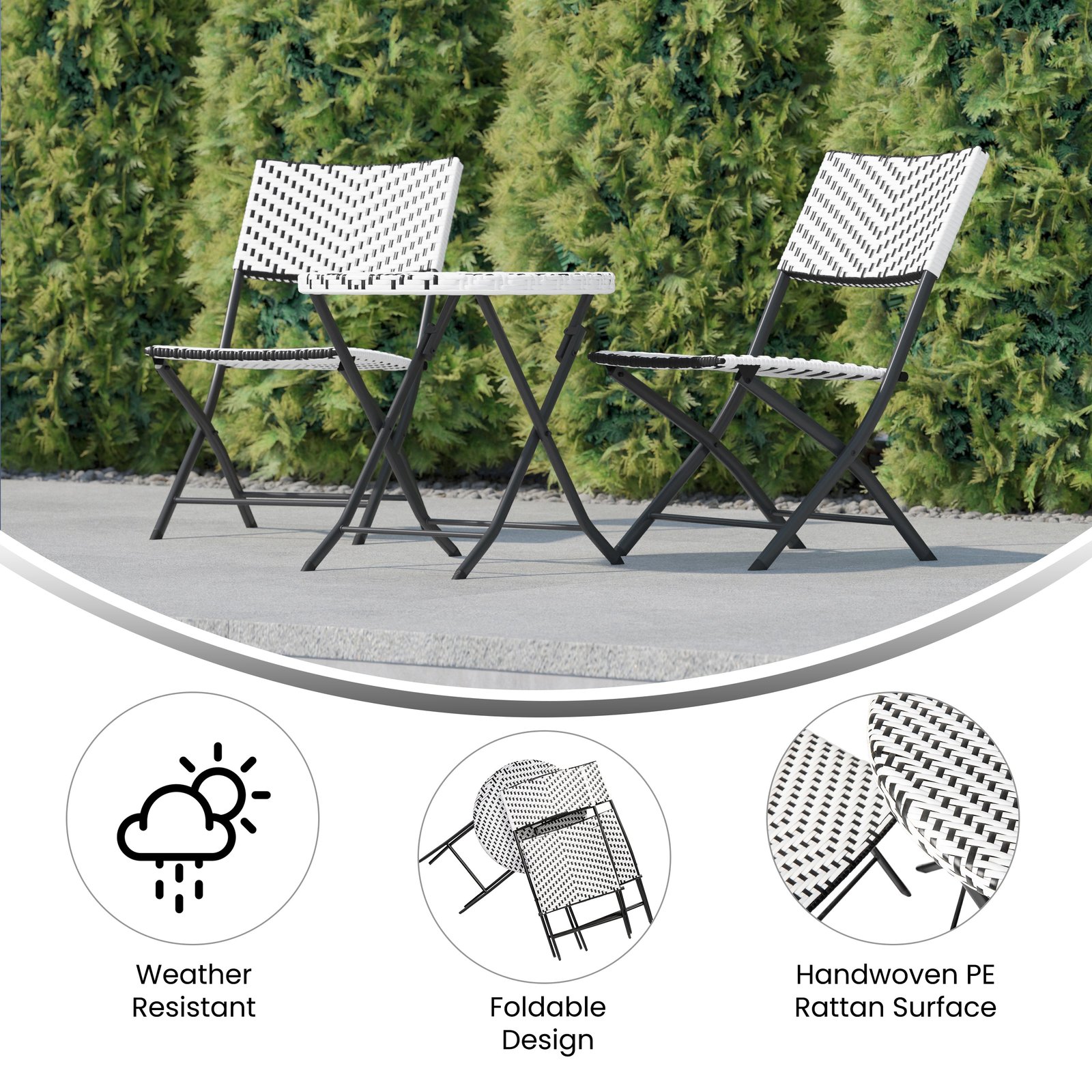 Three Piece Folding French Bistro Set in PE Rattan with Metal Frames for Indoor and Outdoor Use