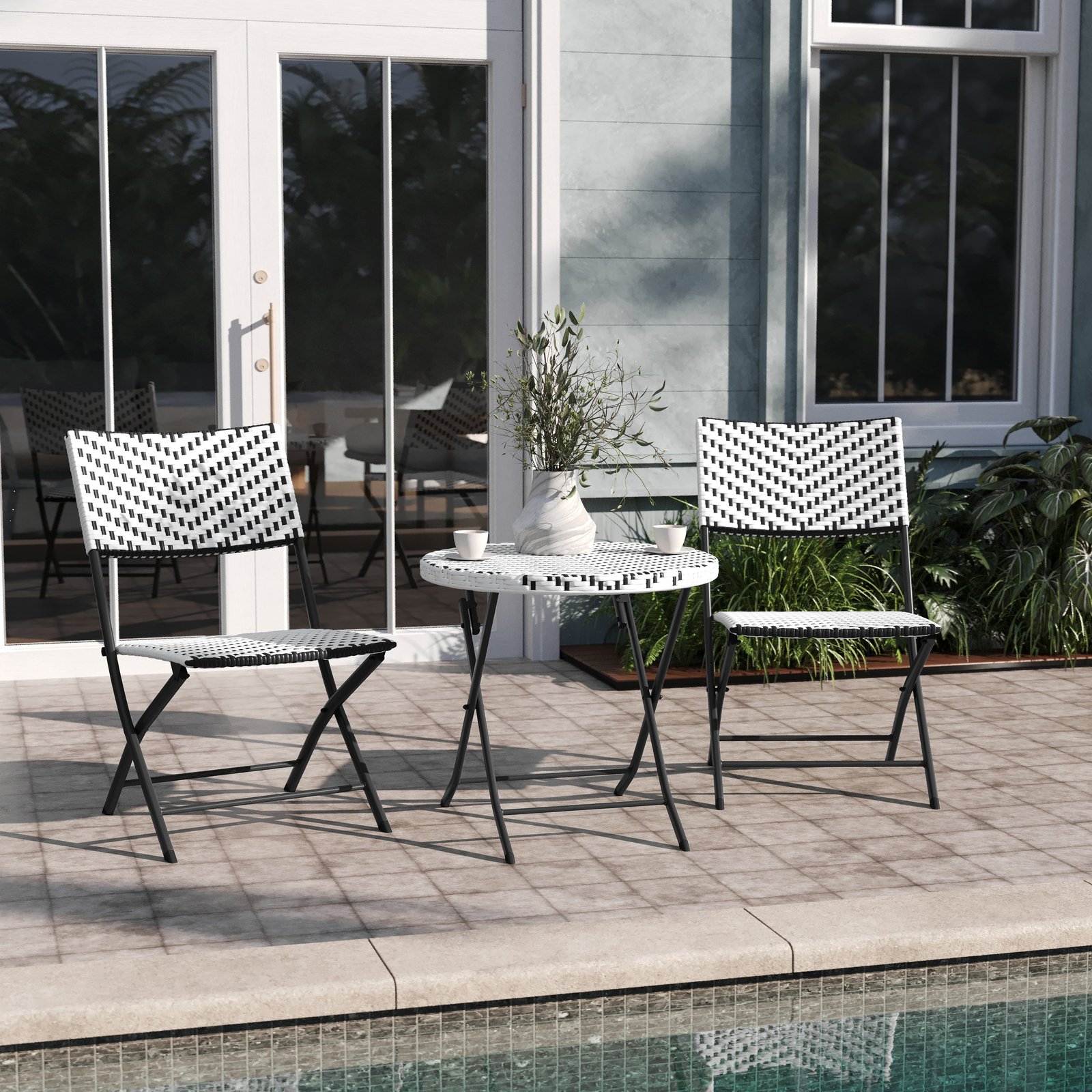 Three Piece Folding French Bistro Set in PE Rattan with Metal Frames for Indoor and Outdoor Use