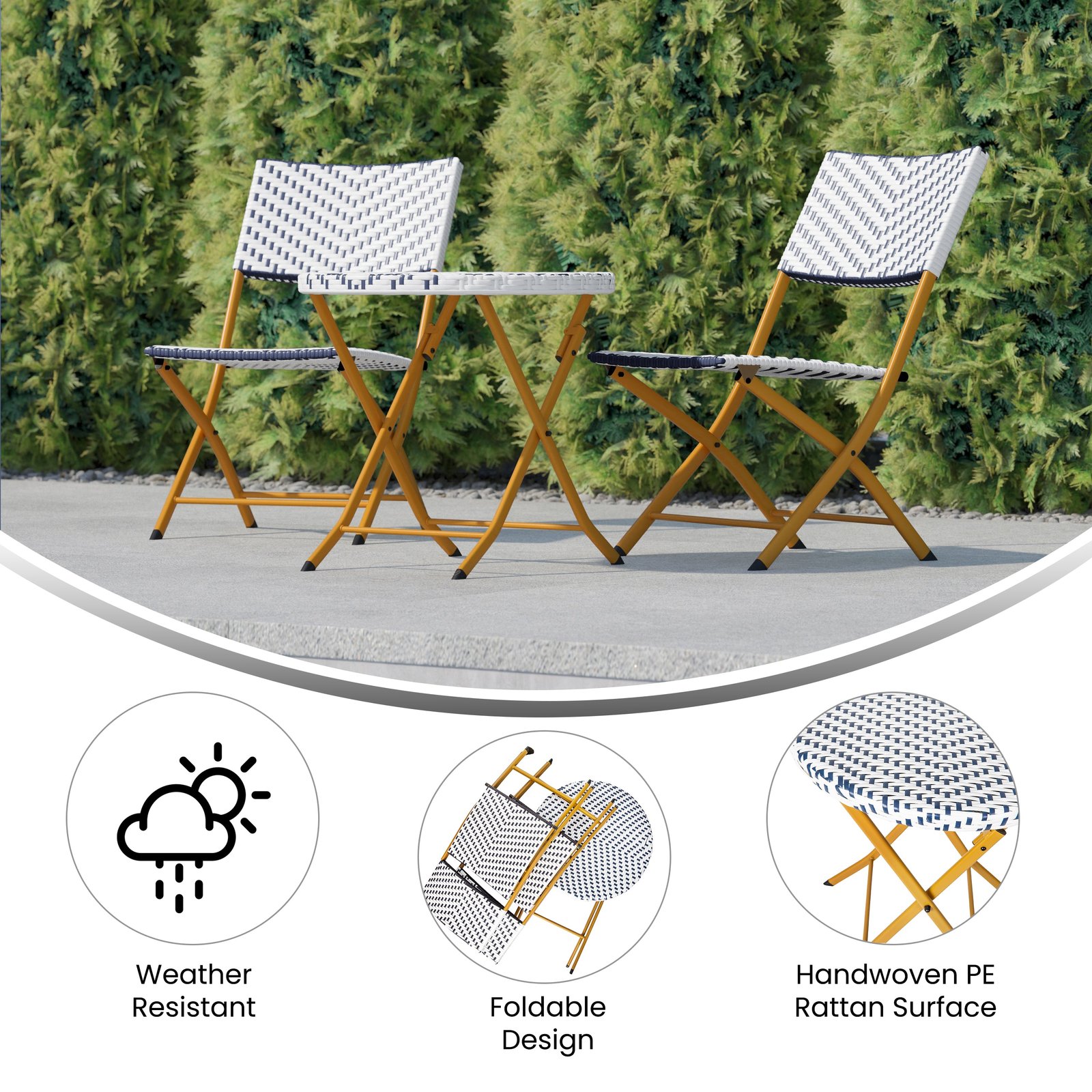 Three Piece Folding French Bistro Set in PE Rattan with Metal Frames for Indoor and Outdoor Use