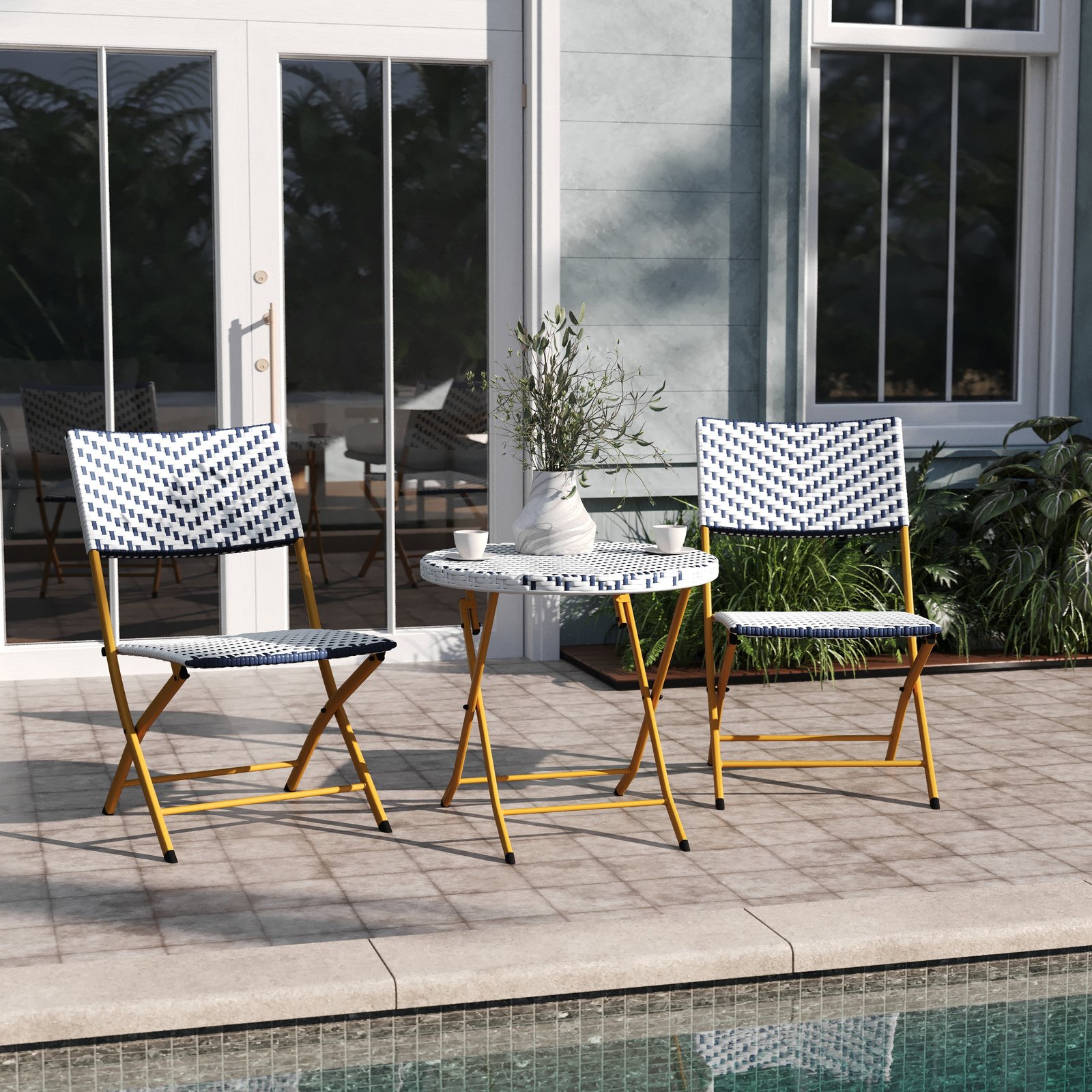 Three Piece Folding French Bistro Set in PE Rattan with Metal Frames for Indoor and Outdoor Use
