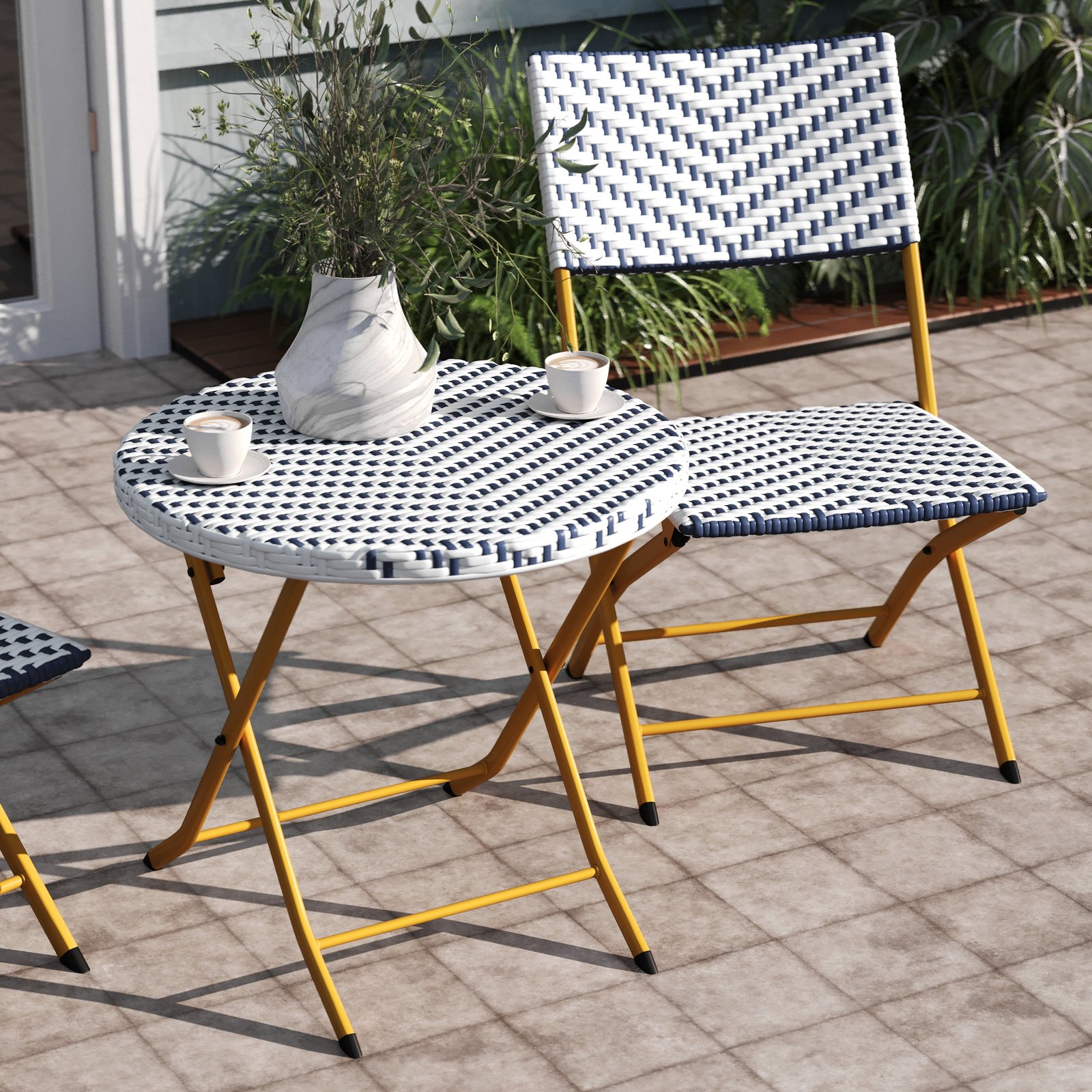 Three Piece Folding French Bistro Set in PE Rattan with Metal Frames for Indoor and Outdoor Use
