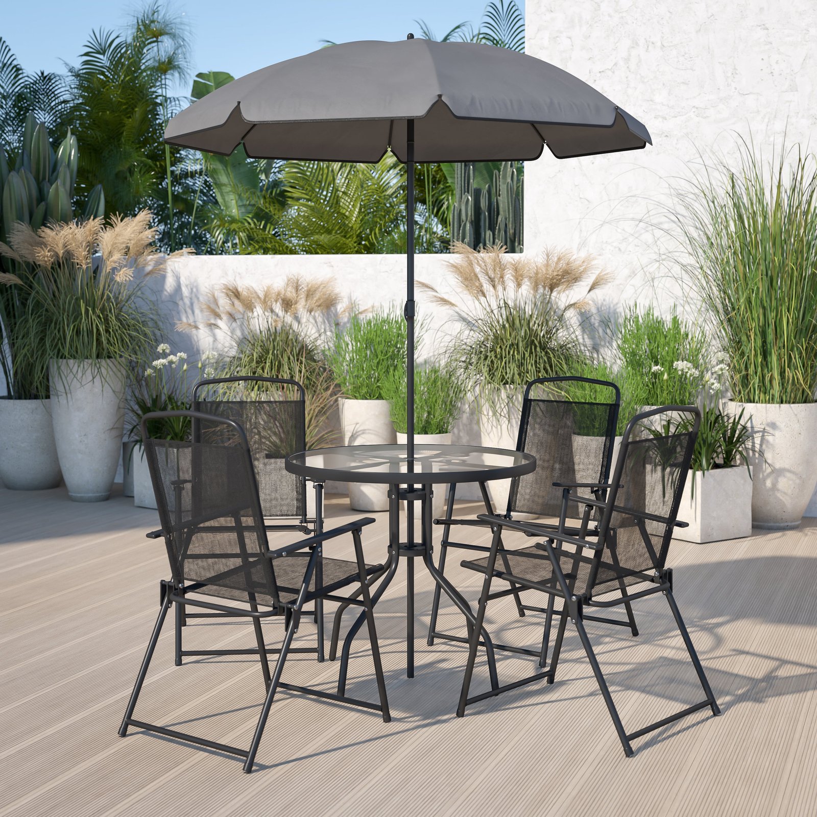6 Piece Patio Garden Set with Table, Umbrella and 4 Folding Chairs