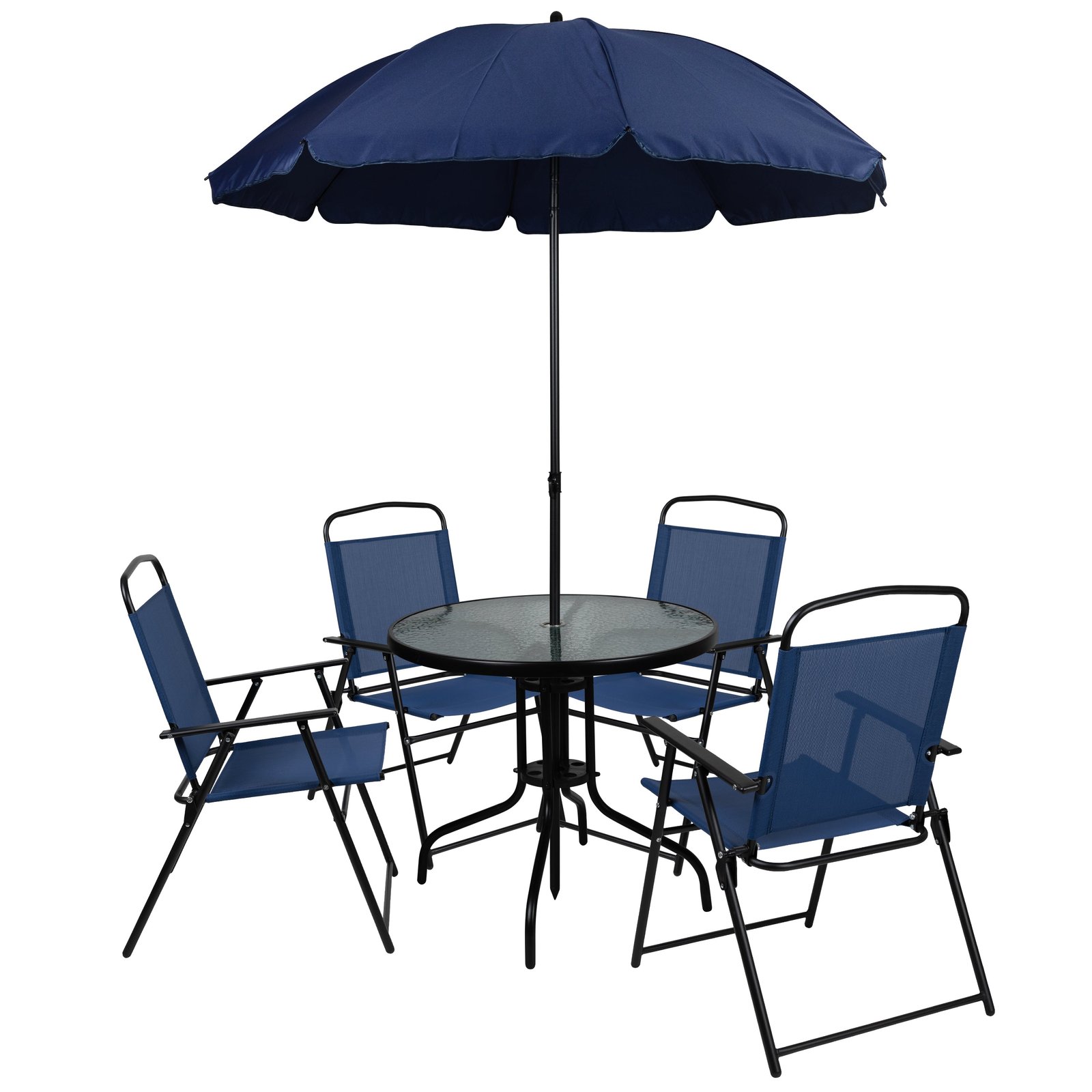 6 Piece Patio Garden Set with Table, Umbrella and 4 Folding Chairs