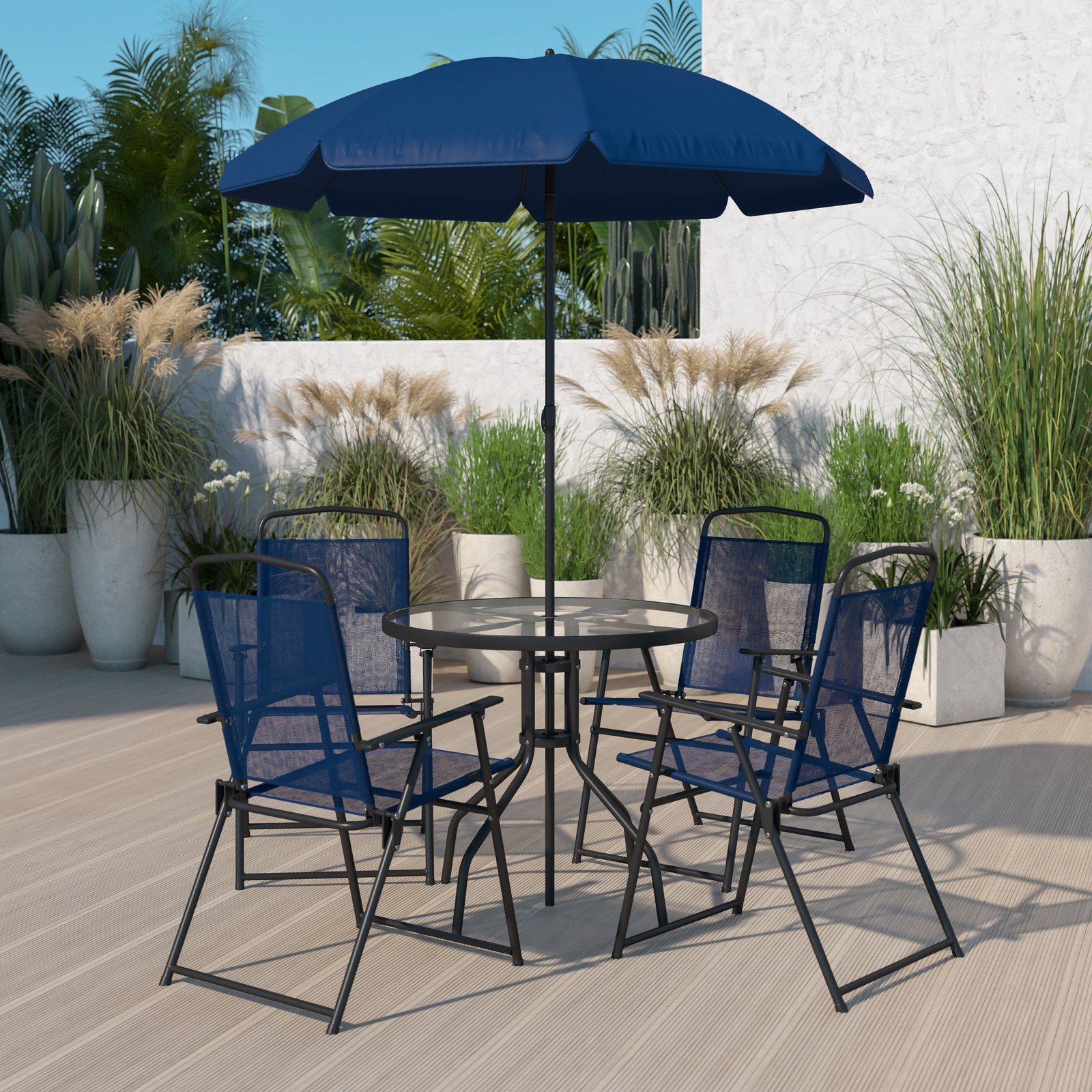 6 Piece Patio Garden Set with Table, Umbrella and 4 Folding Chairs