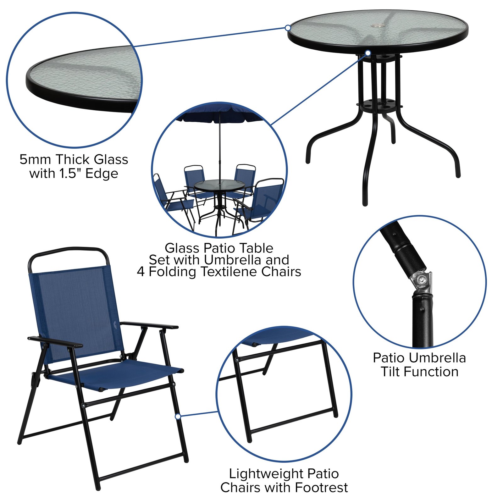 6 Piece Patio Garden Set with Table, Umbrella and 4 Folding Chairs