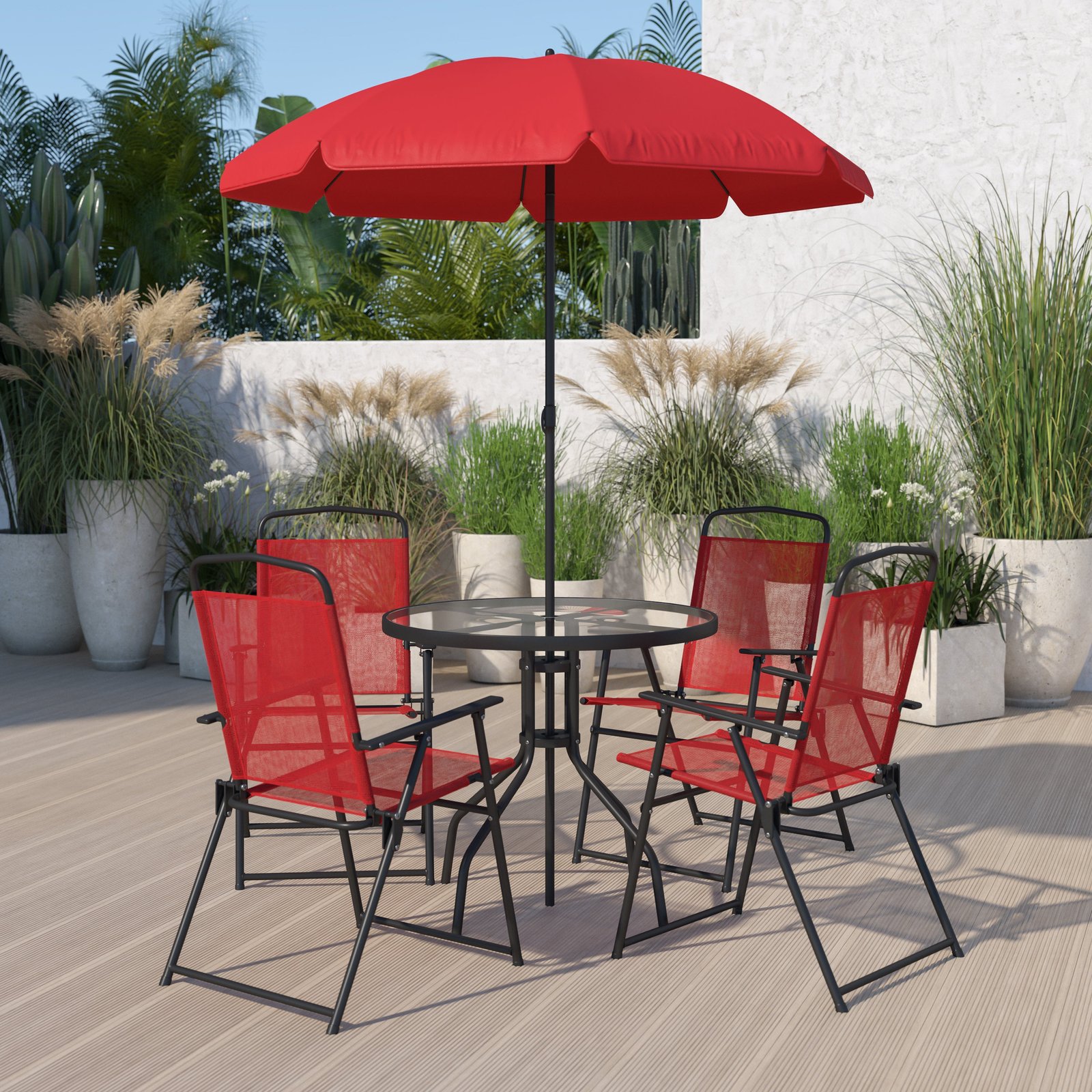 6 Piece Patio Garden Set with Table, Umbrella and 4 Folding Chairs