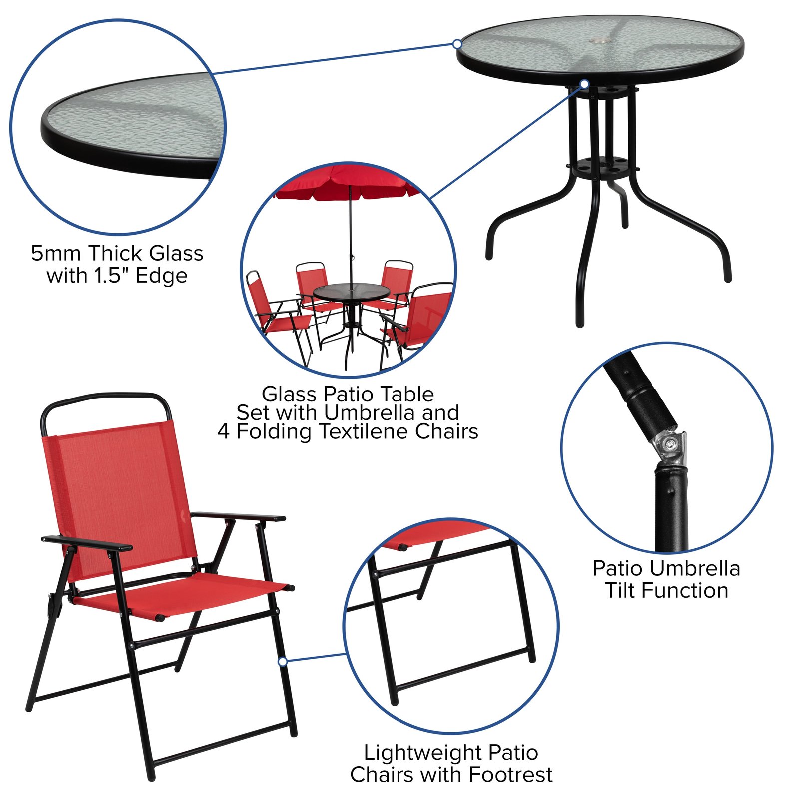 6 Piece Patio Garden Set with Table, Umbrella and 4 Folding Chairs