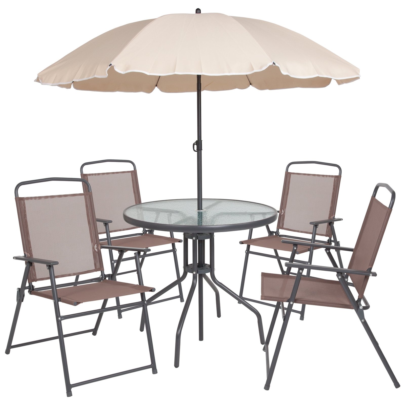 6 Piece Patio Garden Set with Table, Umbrella and 4 Folding Chairs