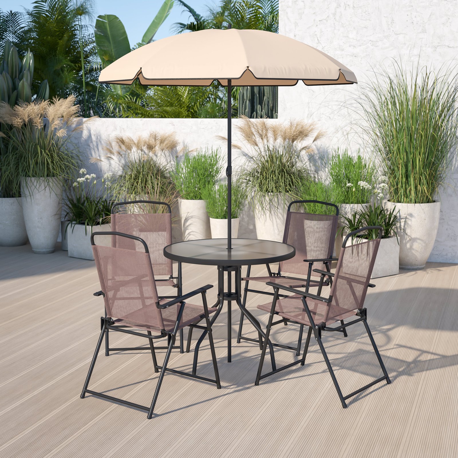 6 Piece Patio Garden Set with Table, Umbrella and 4 Folding Chairs