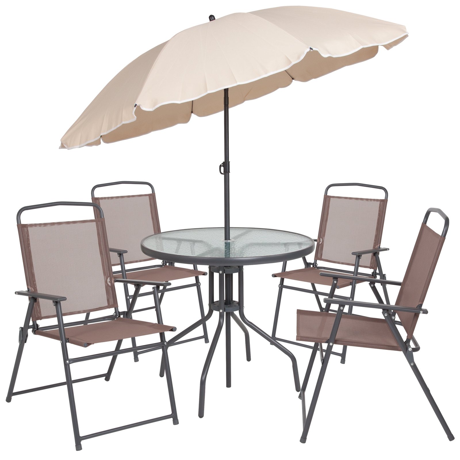 6 Piece Patio Garden Set with Table, Umbrella and 4 Folding Chairs