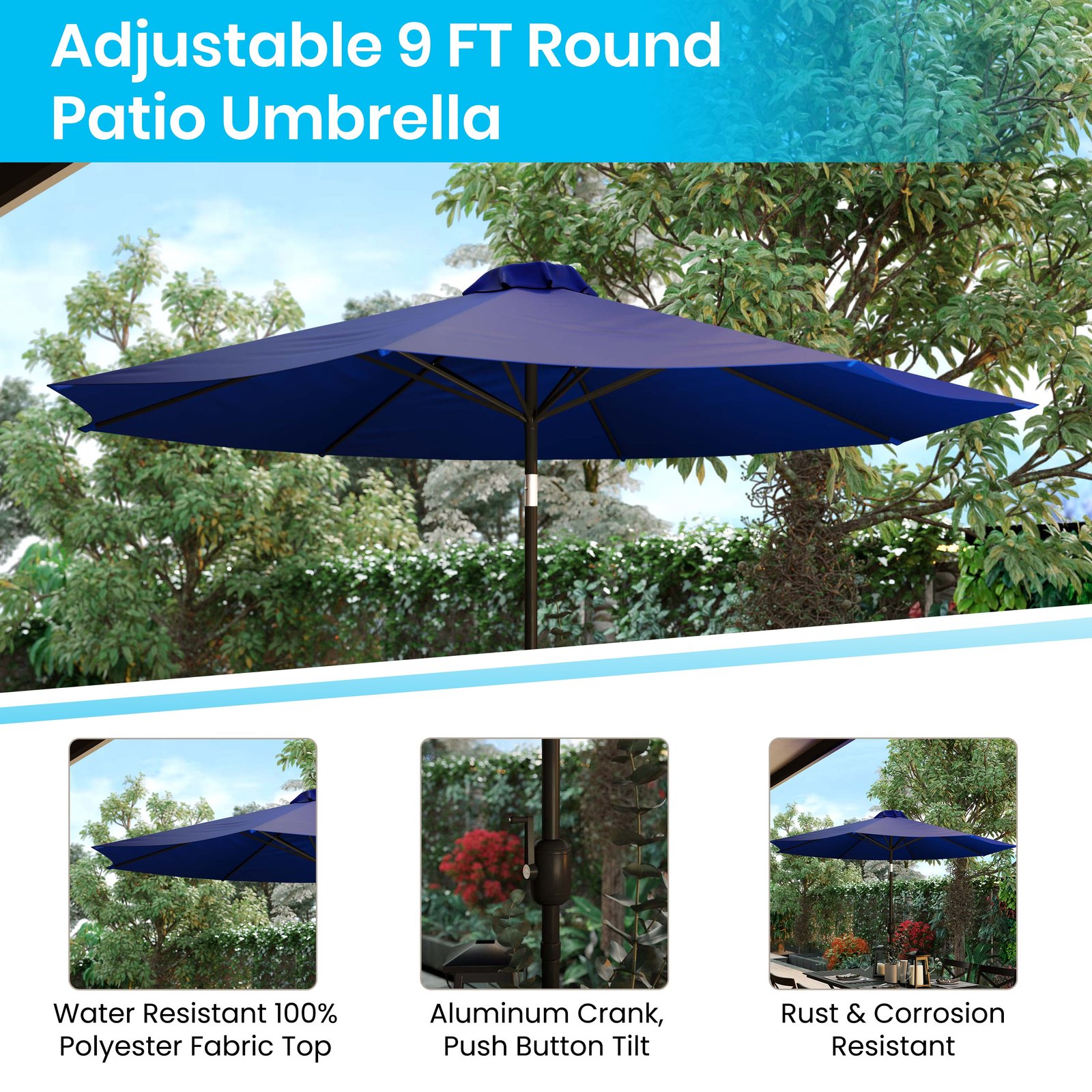 9' Outdoor Patio Umbrella-Crank & Tilt Function - 1.5" Diameter Steel Pole