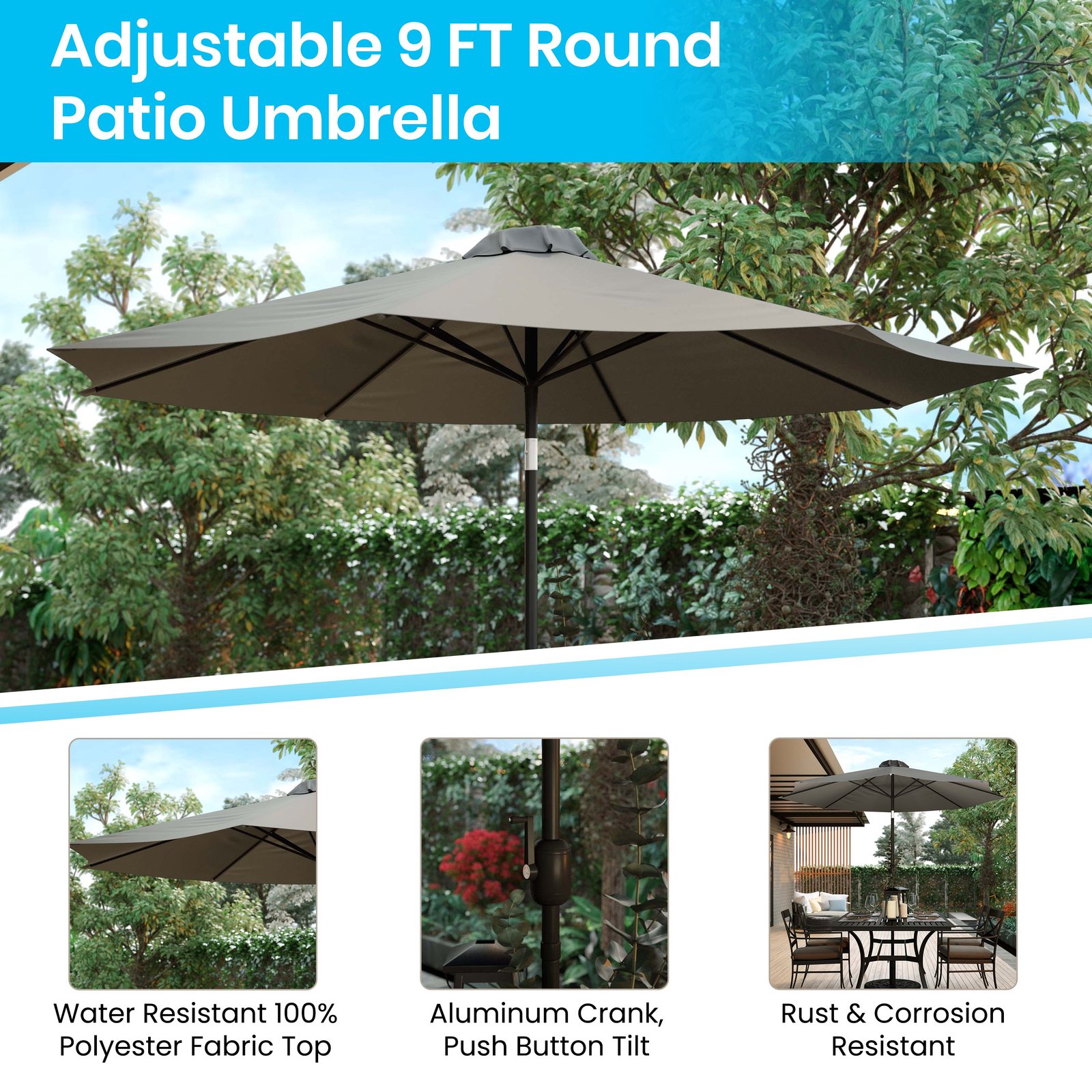 9' Outdoor Patio Umbrella-Crank & Tilt Function - 1.5" Diameter Steel Pole