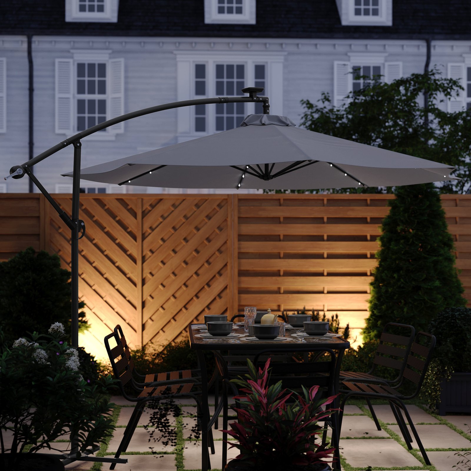 10ft Round Solar LED Cantilever Umbrella with Easy Lift and Tilt Function, Built in Cross Base