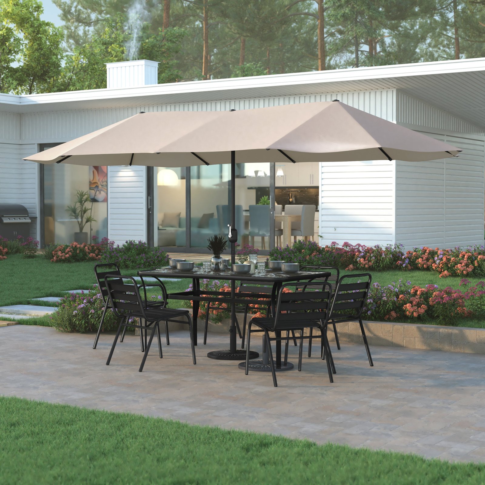 15 FT Weather and Water-Resistant Triple Head Patio Umbrella with Crank Handle and Easy Tilt