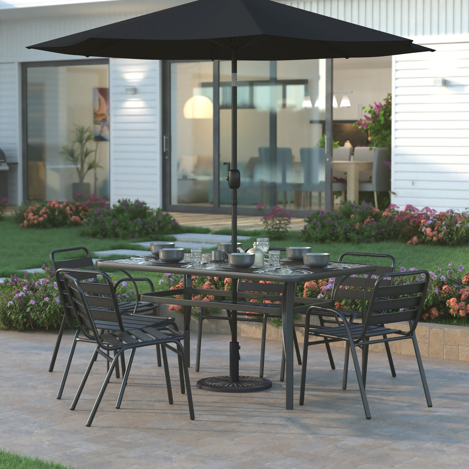 19.25" Diameter Universal Sunburst Pattern Cement Patio Umbrella Base with Weatherproof Plastic Polymer Coating