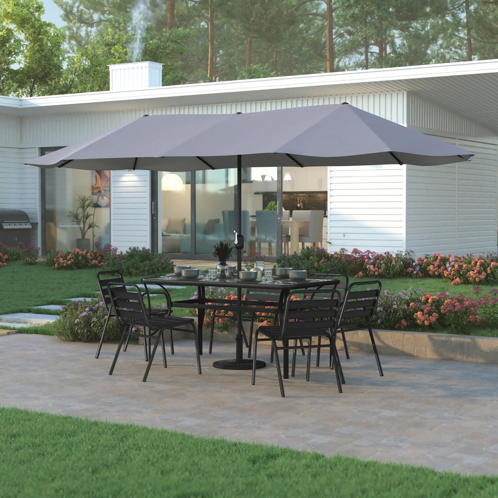 15 FT Weather and Water-Resistant Triple Head Patio Umbrella with Crank Handle and Easy Tilt