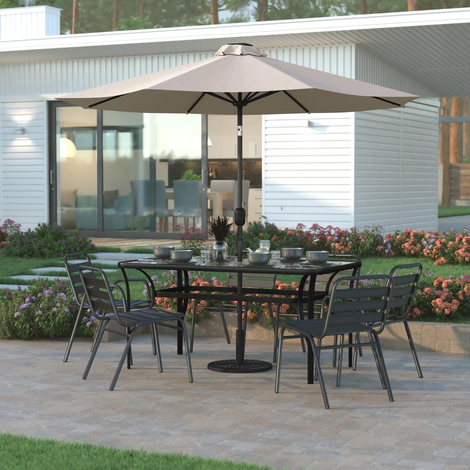 9 FT Patio Umbrella with Solar LED Lights and Crank and Tilt Functions