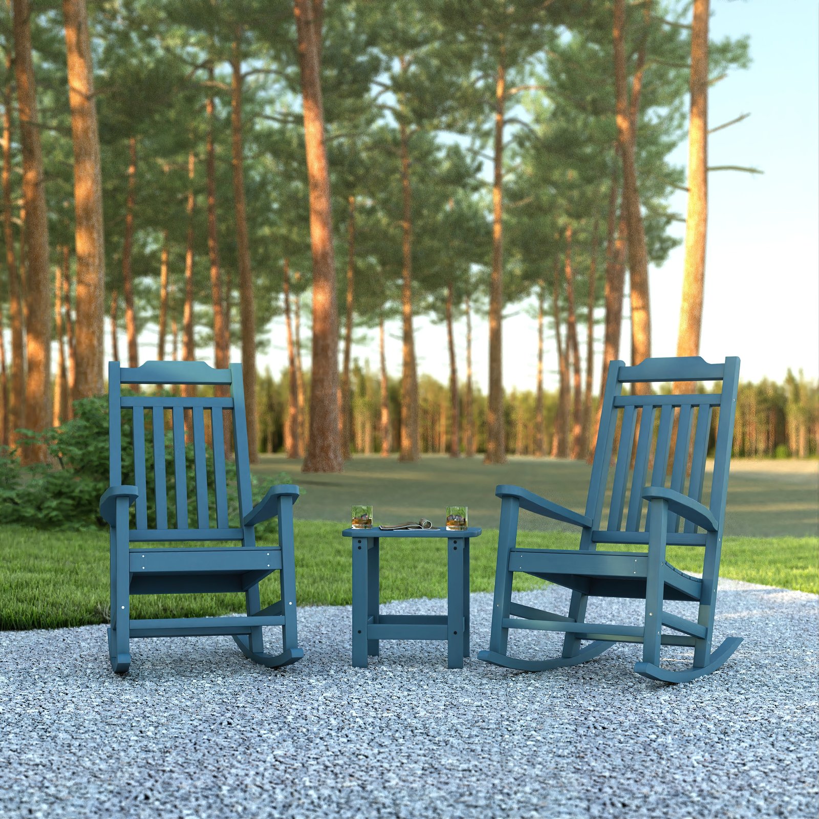 Set of 2 Indoor/Outdoor Poly Resin Rocking Chairs with Side Table