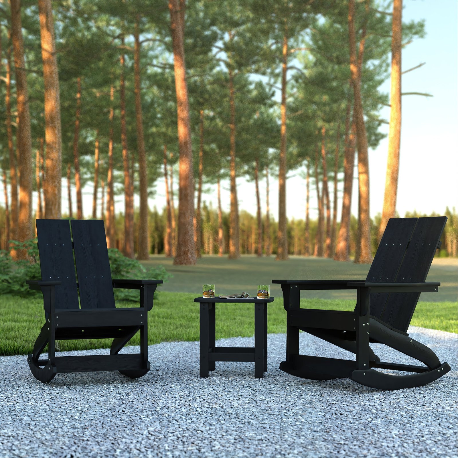 Set of 2 Harmon Modern All-Weather Poly Resin Adirondack Rocking Chairs with Side Table for Outdoor Use