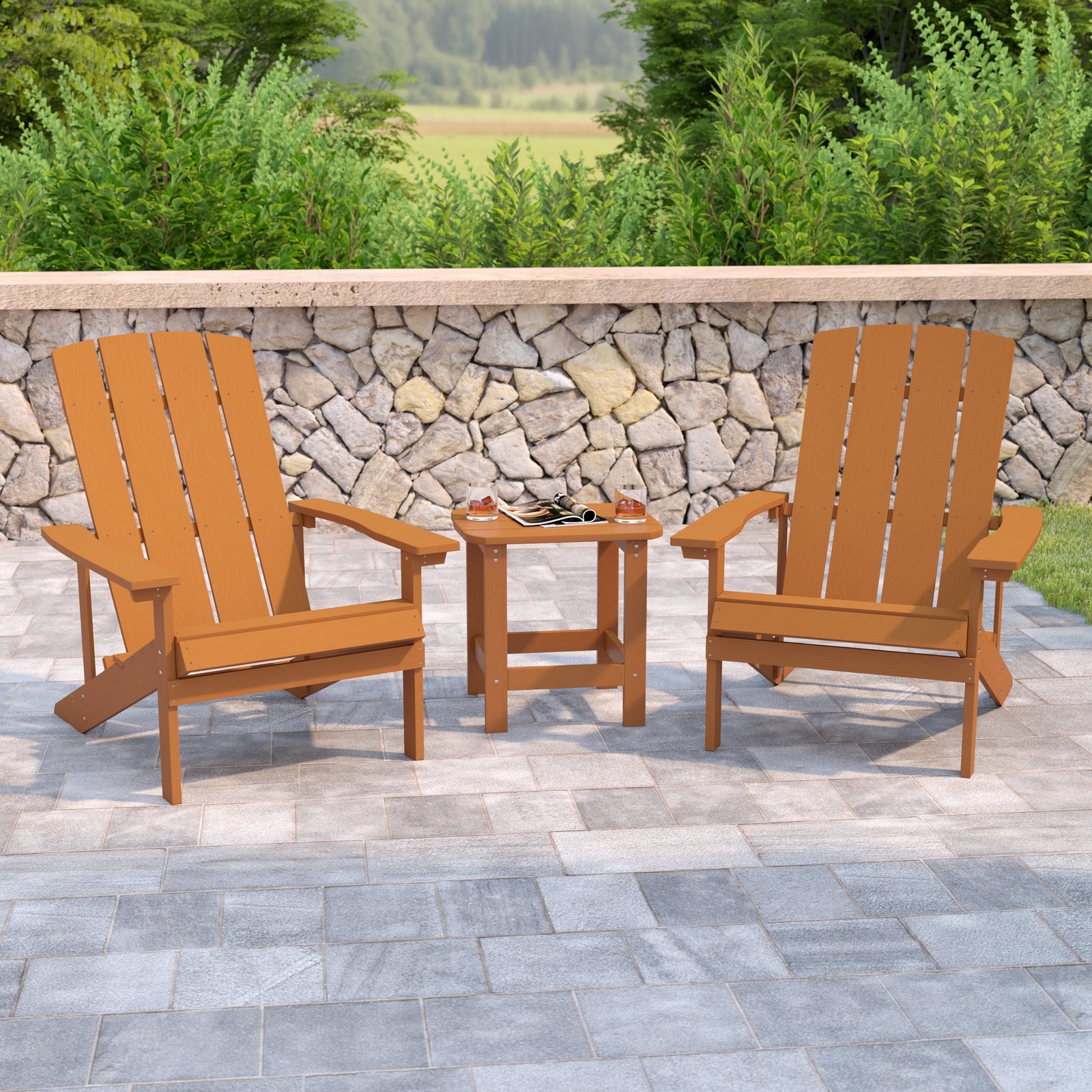 Three Piece Hammond Adirondack Style Conversation Set with Two Chairs and Matching Side Table for Indoor and Outdoor Use