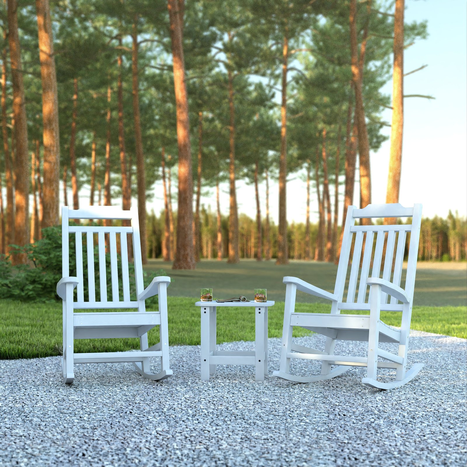 Set of 2 Indoor/Outdoor Poly Resin Rocking Chairs with Side Table