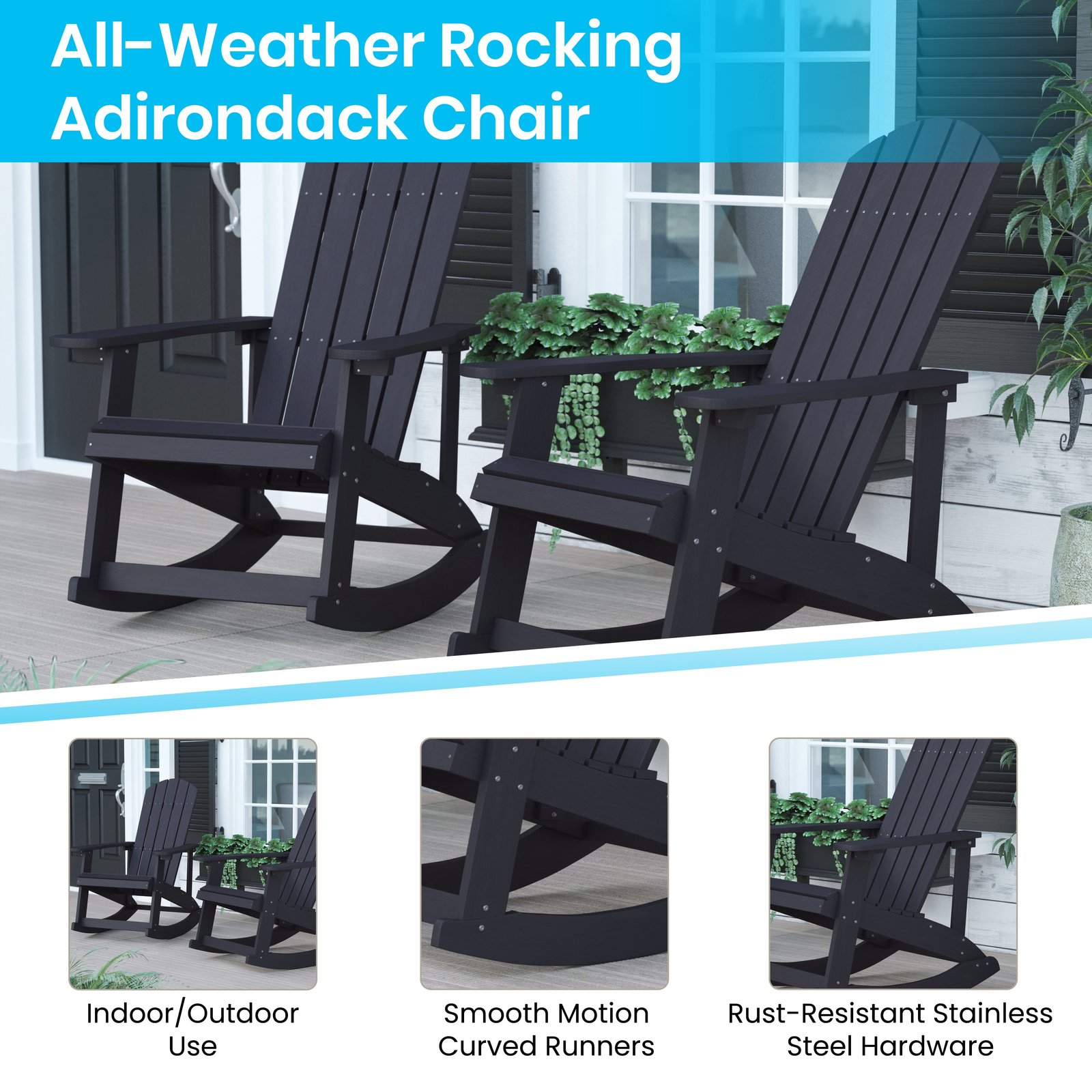 Set of 2 Marcy Classic All-Weather Poly Resin Rocking Adirondack Chairs with Stainless Steel Hardware for Year Round Use