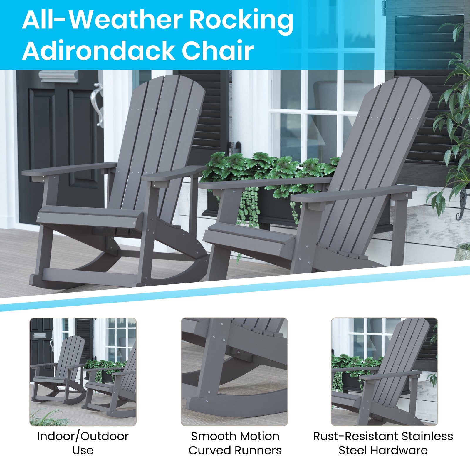 Set of 2 Marcy Classic All-Weather Poly Resin Rocking Adirondack Chairs with Stainless Steel Hardware for Year Round Use