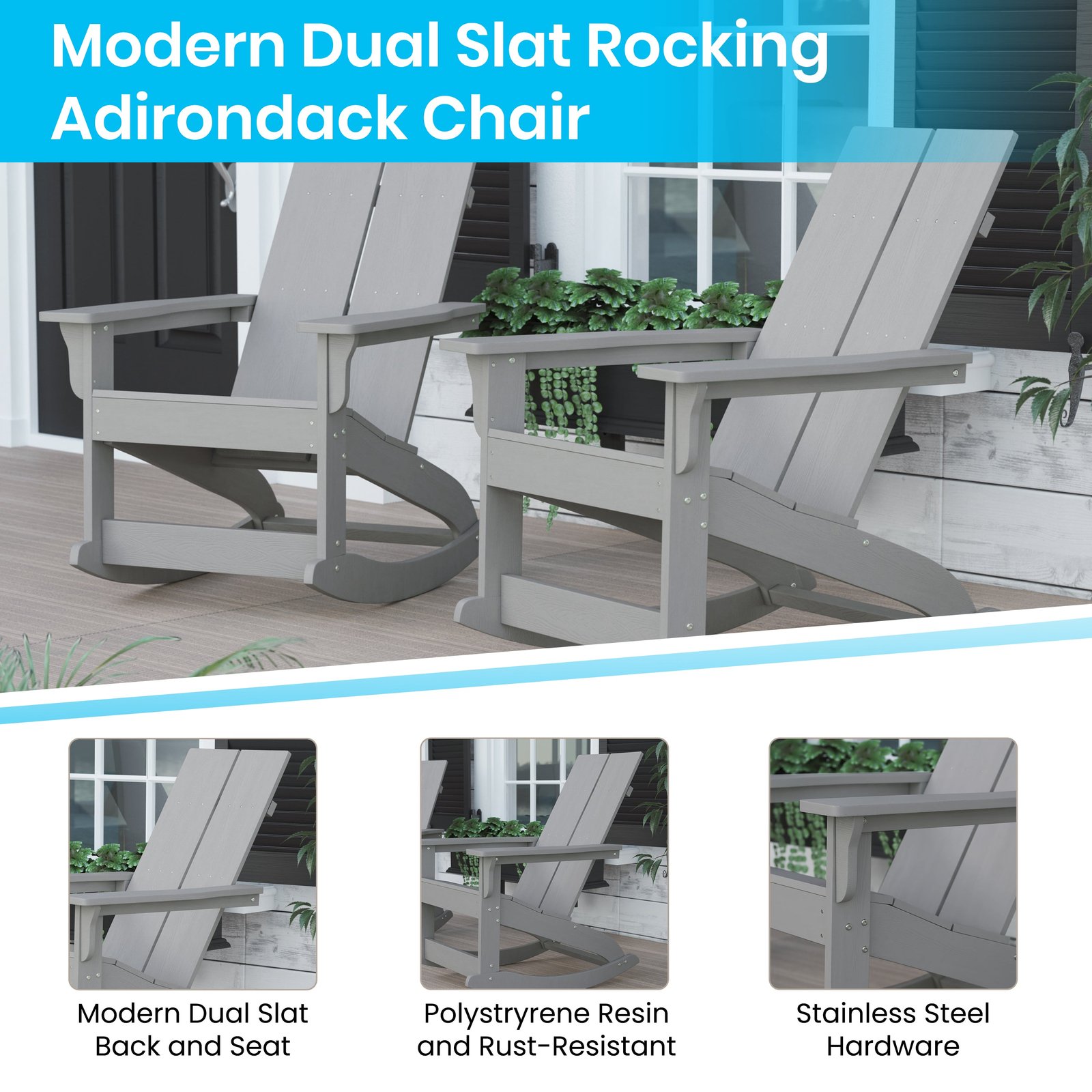 Set of 2 Modern All-Weather Poly Resin Adirondack Rocking Chairs for Indoor/Outdoor Use