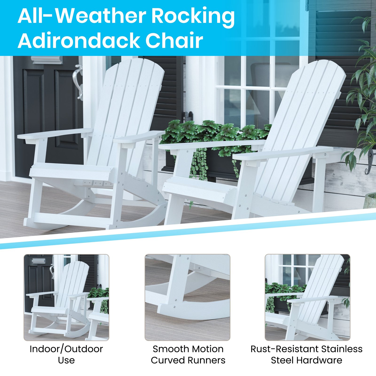 Classic All-Weather Poly Resin Rocking Adirondack Chair with Stainless Steel Hardware for Year Round Use
