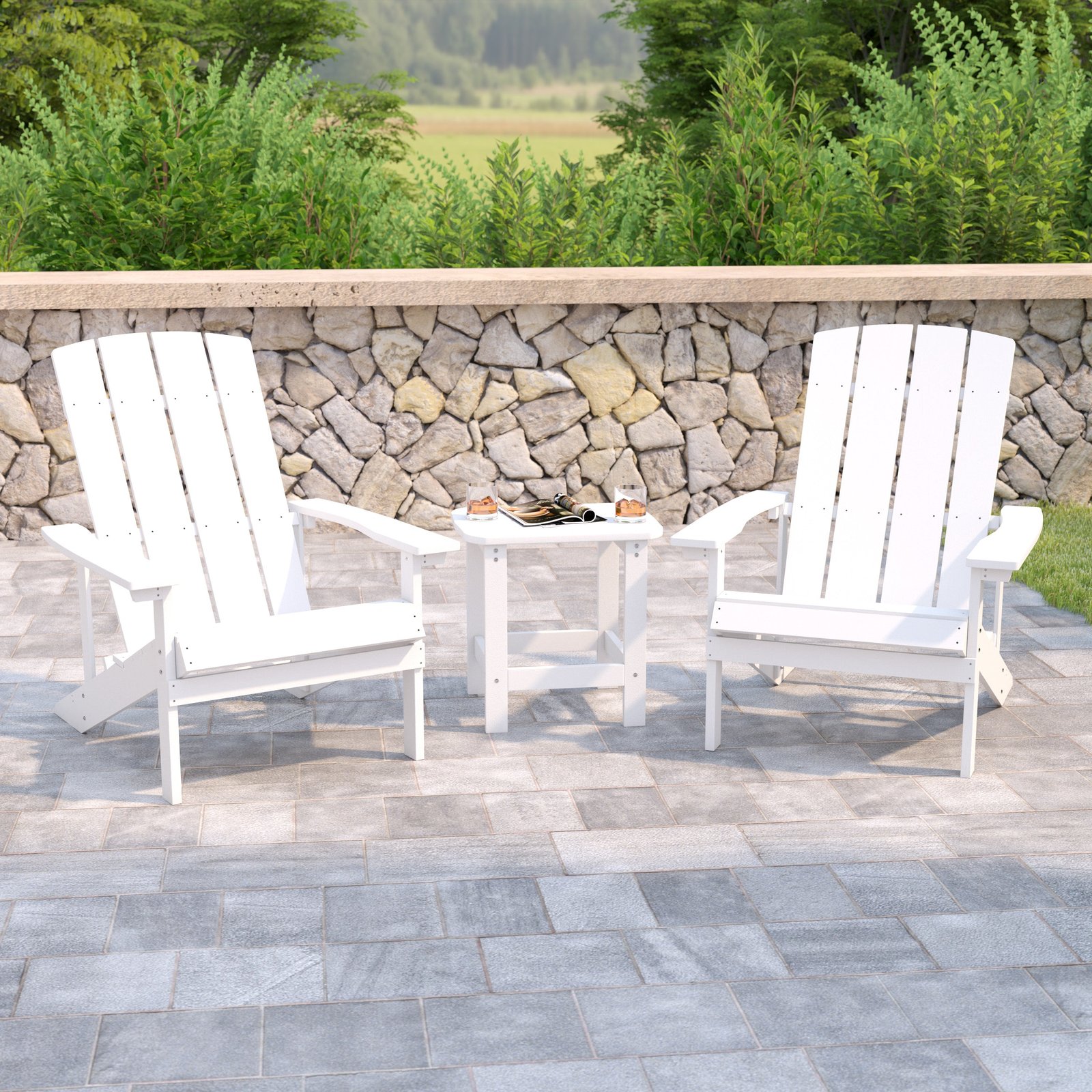 Three Piece Hammond Adirondack Style Conversation Set with Two Chairs and Matching Side Table for Indoor and Outdoor Use
