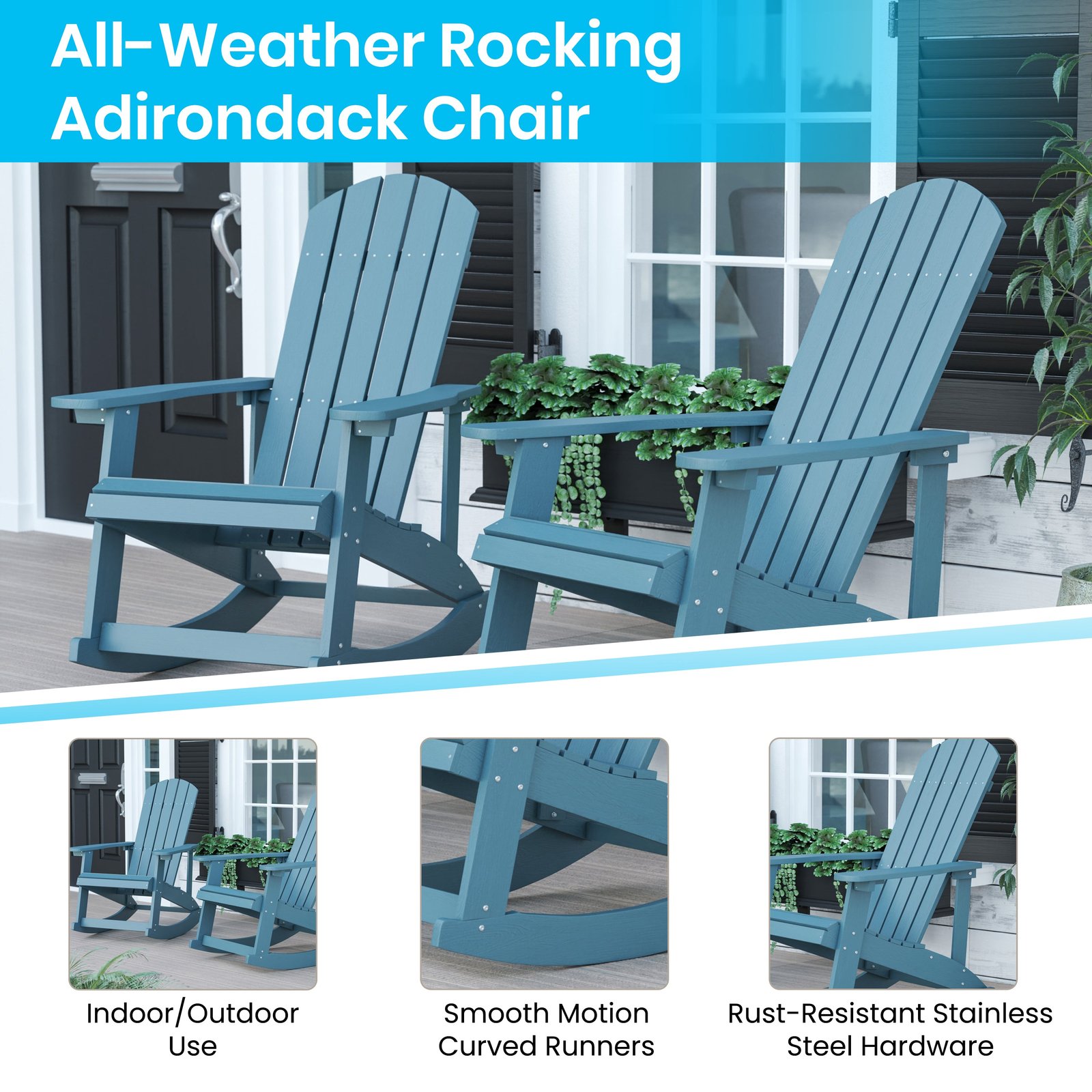 Classic All-Weather Poly Resin Rocking Adirondack Chair with Stainless Steel Hardware for Year Round Use