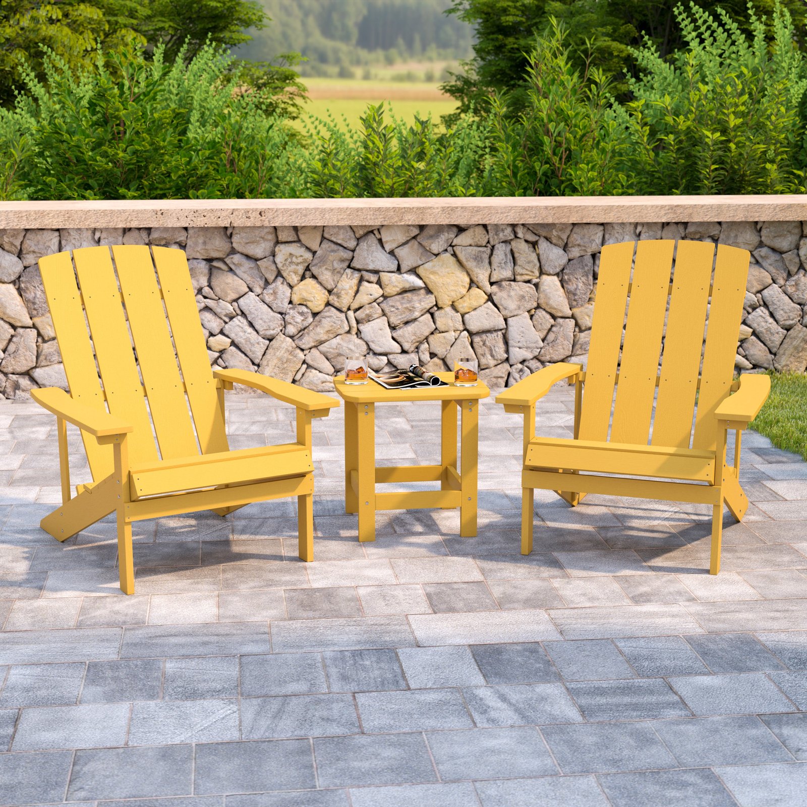 Three Piece Hammond Adirondack Style Conversation Set with Two Chairs and Matching Side Table for Indoor and Outdoor Use