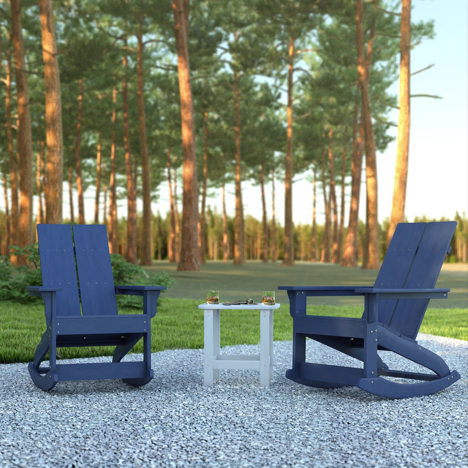 Set of 2 Harmon Modern All-Weather Poly Resin Adirondack Rocking Chairs with Side Table for Outdoor Use