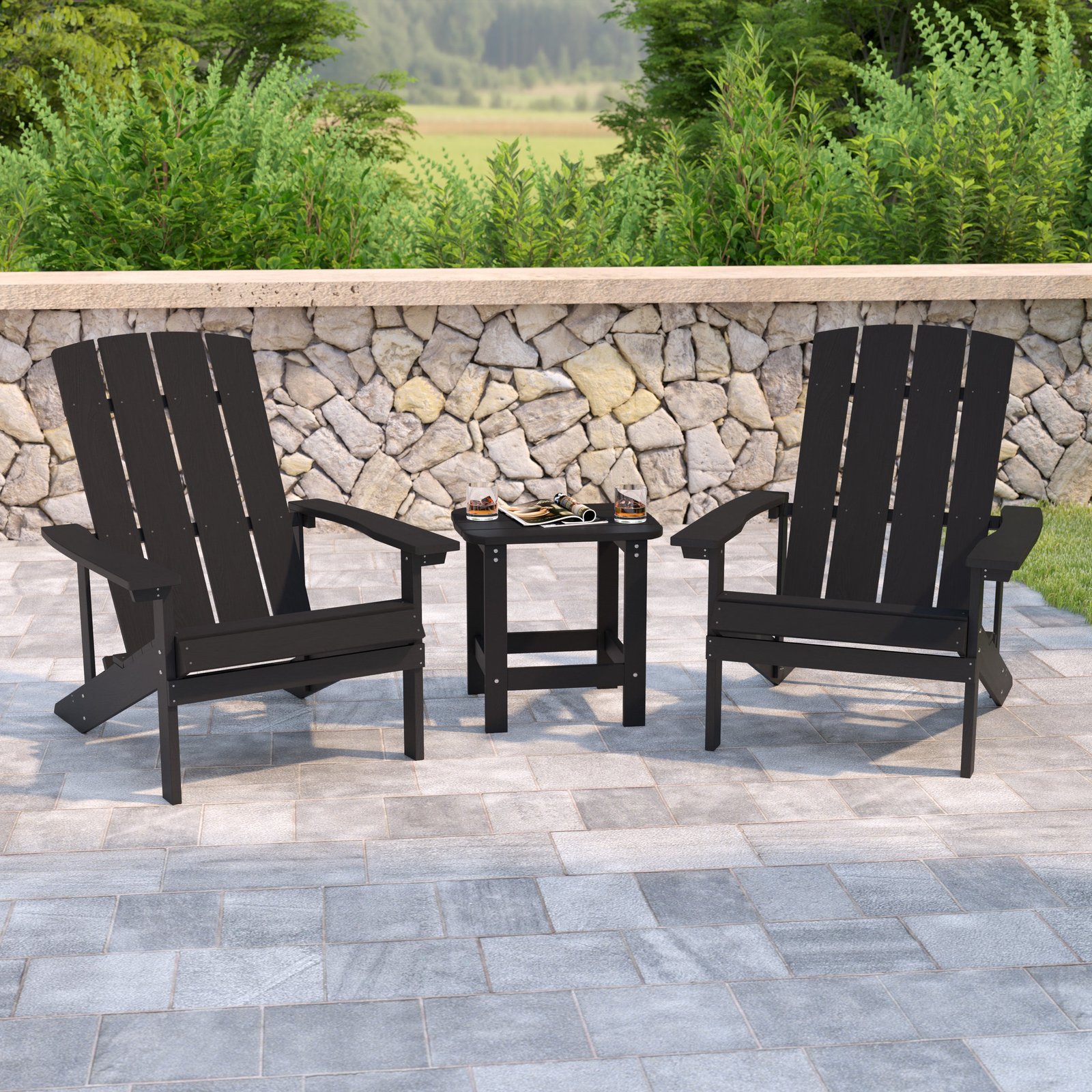 Three Piece Hammond Adirondack Style Conversation Set with Two Chairs and Matching Side Table for Indoor and Outdoor Use