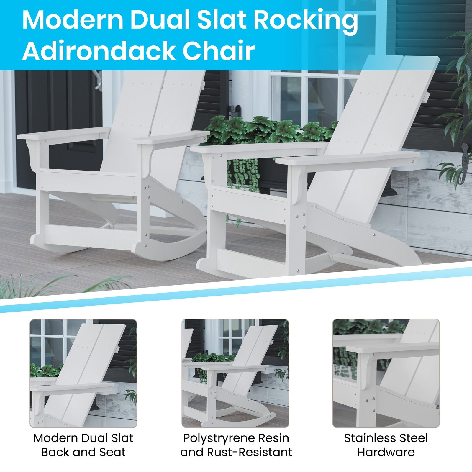Modern All-Weather Poly Resin Adirondack Rocking Chair for Indoor/Outdoor Use