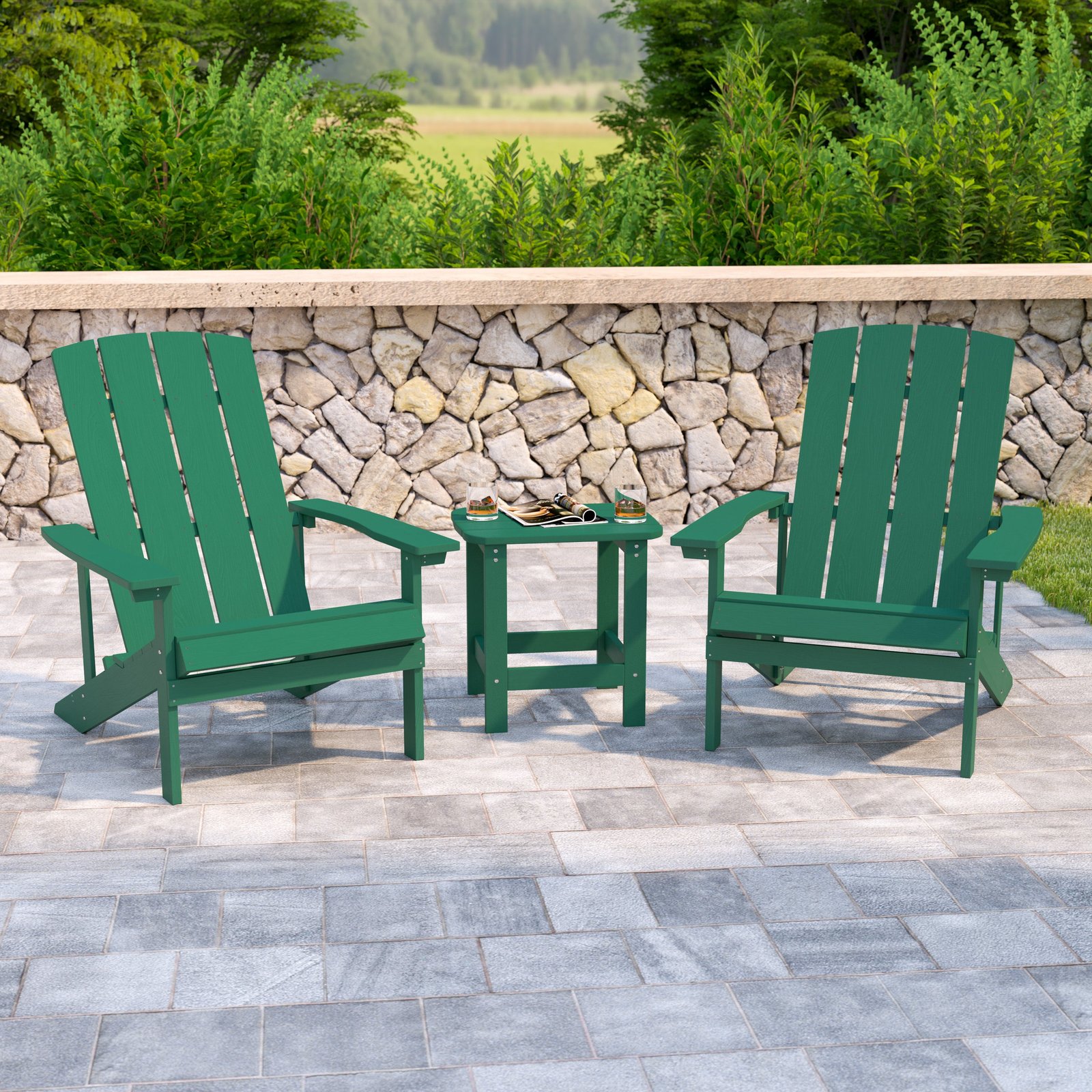 Three Piece Hammond Adirondack Style Conversation Set with Two Chairs and Matching Side Table for Indoor and Outdoor Use