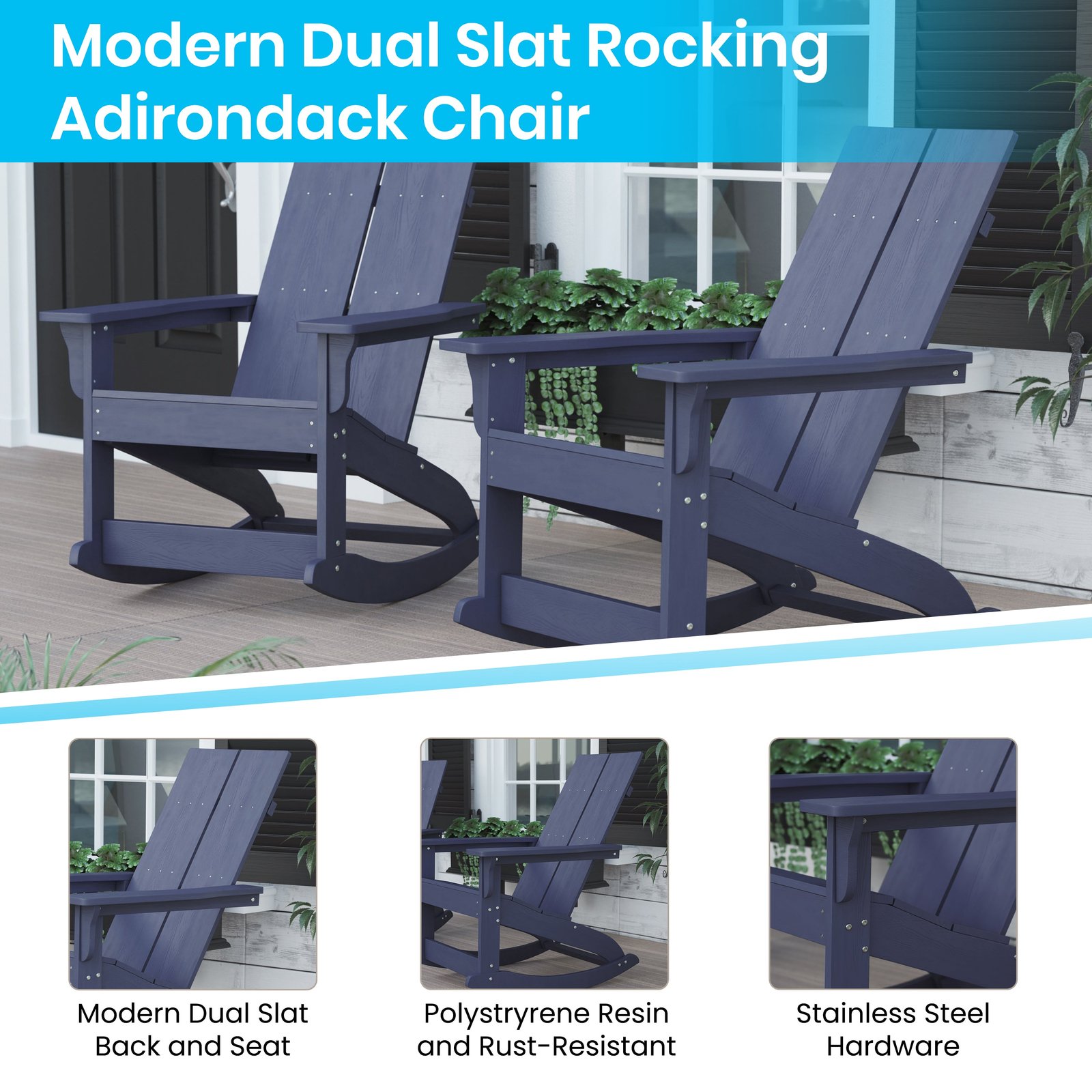 Modern All-Weather Poly Resin Adirondack Rocking Chair for Indoor/Outdoor Use